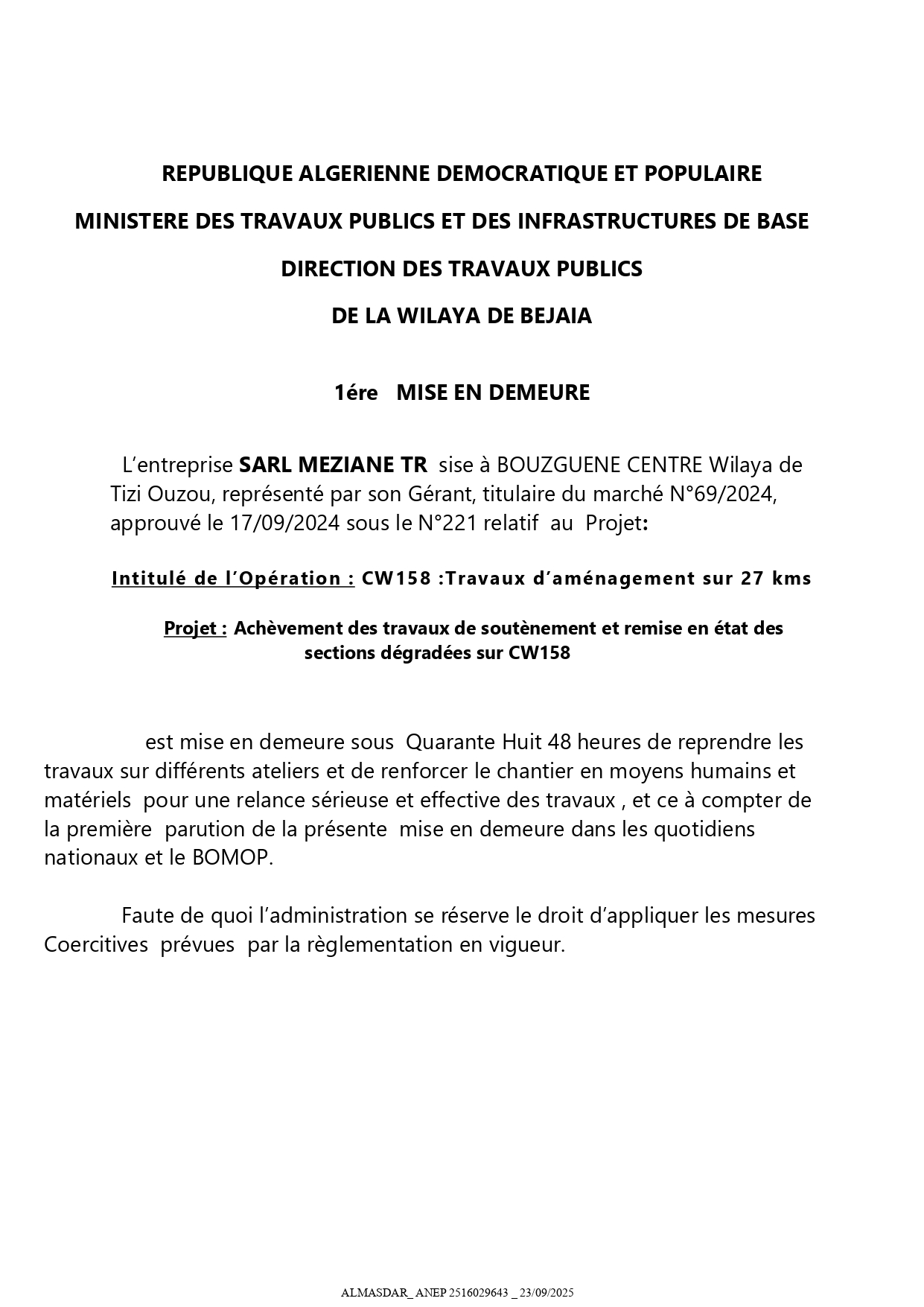 1ERE MISE EN DEMEURE