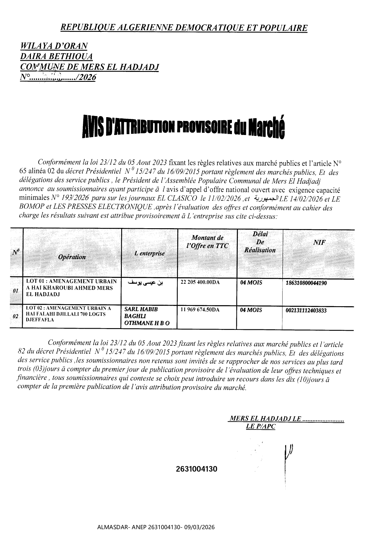 -avis d'attribution provisoire du marché