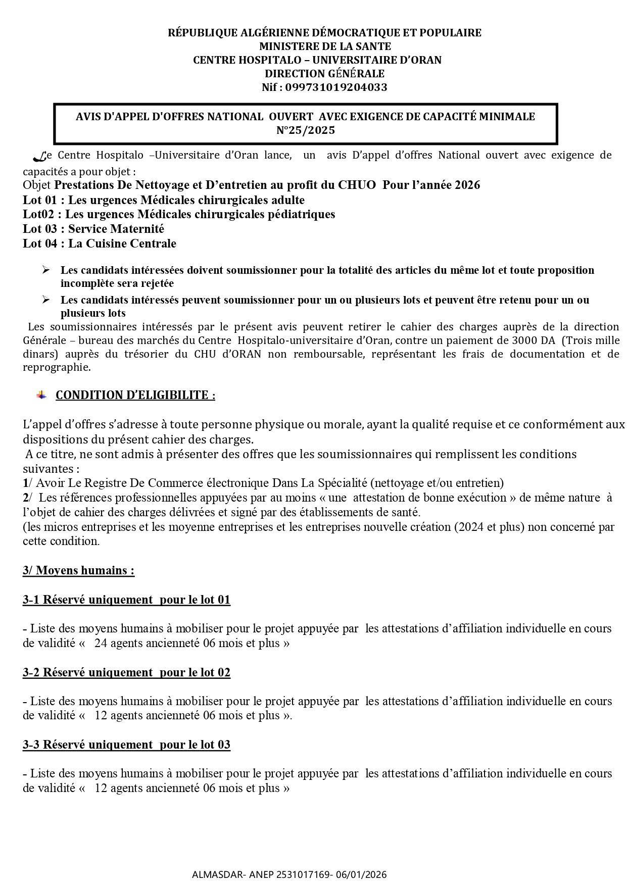 AVIS D'APPEL D'OFFRES NATIONAL  OUVERT  AVEC EXIGENCE DE CAPACITÉ MINIMALE  N°25/2025 