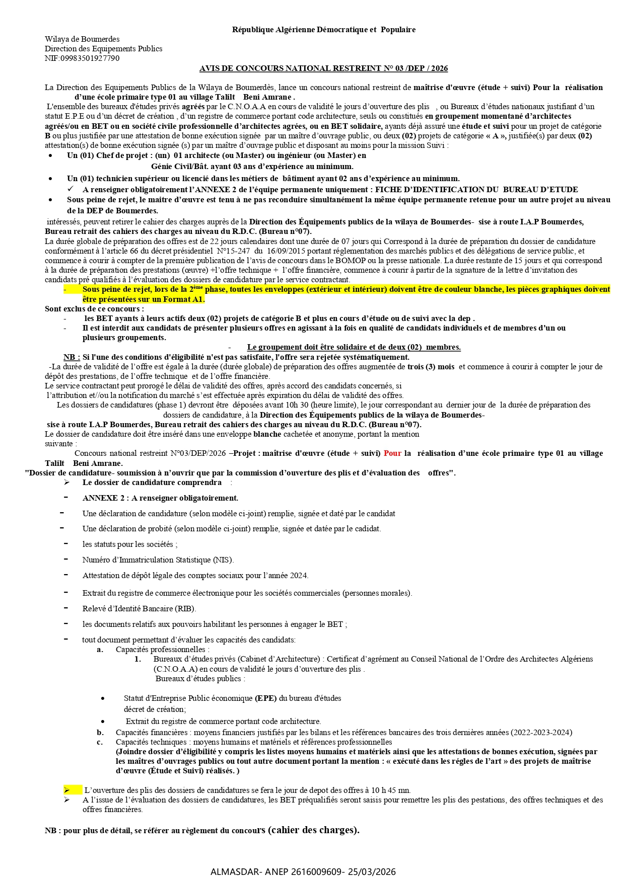 AVIS DE CONCOURS NATIONAL RESTREINT N° 03 /DEP / 2026