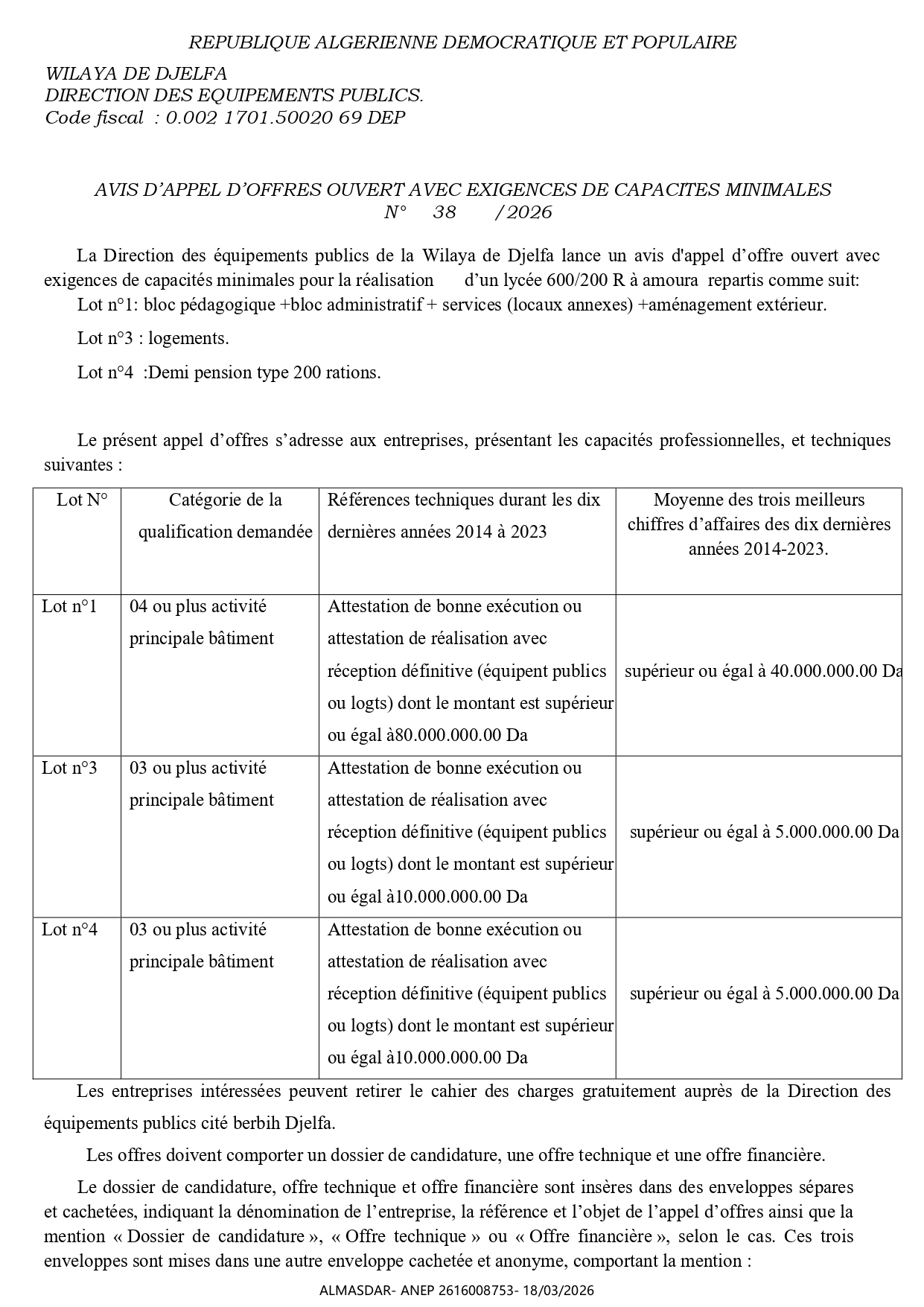 AVIS D’APPEL D’OFFRES OUVERT AVEC EXIGENCES DE CAPACITES MINIMALES    N°      38       /2026 