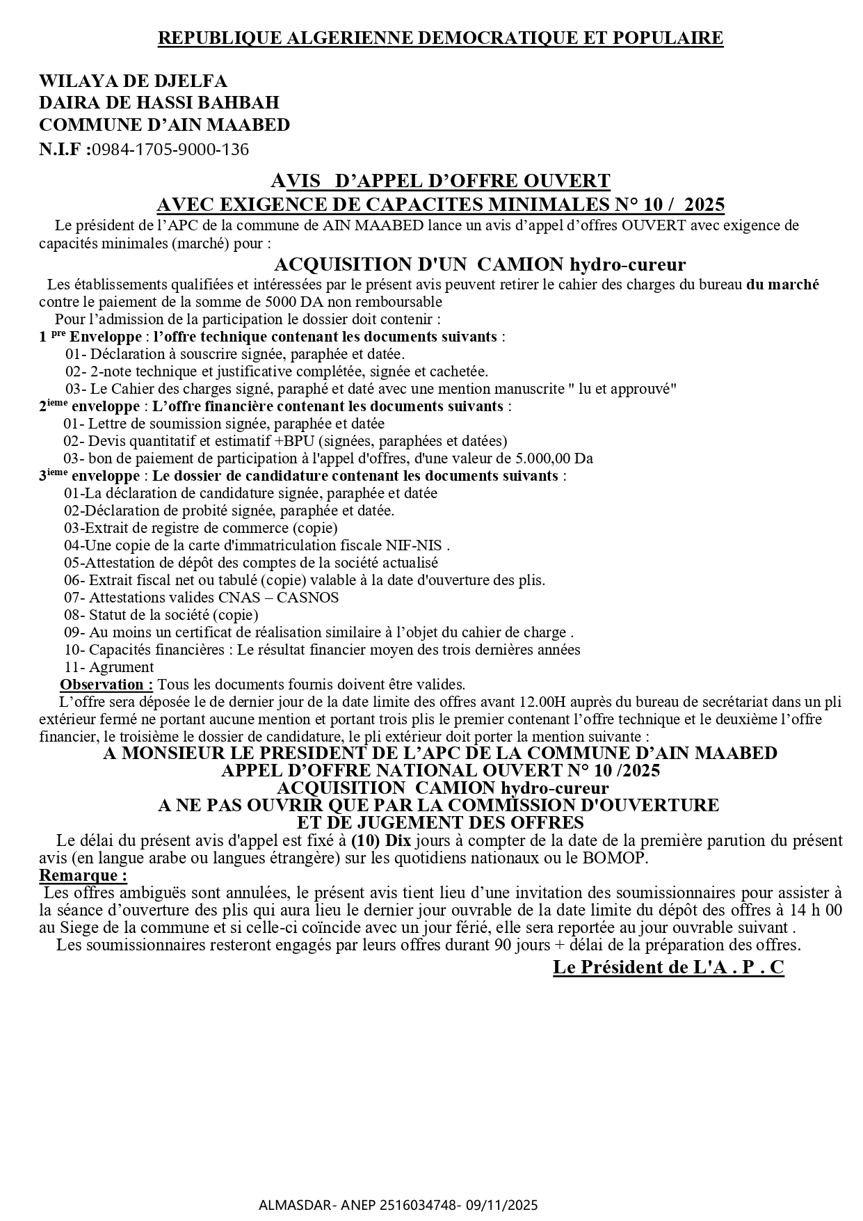 AVIS   D’APPEL D’OFFRE OUVERT    AVEC EXIGENCE DE CAPACITES MINIMALES N° 10 /  2025