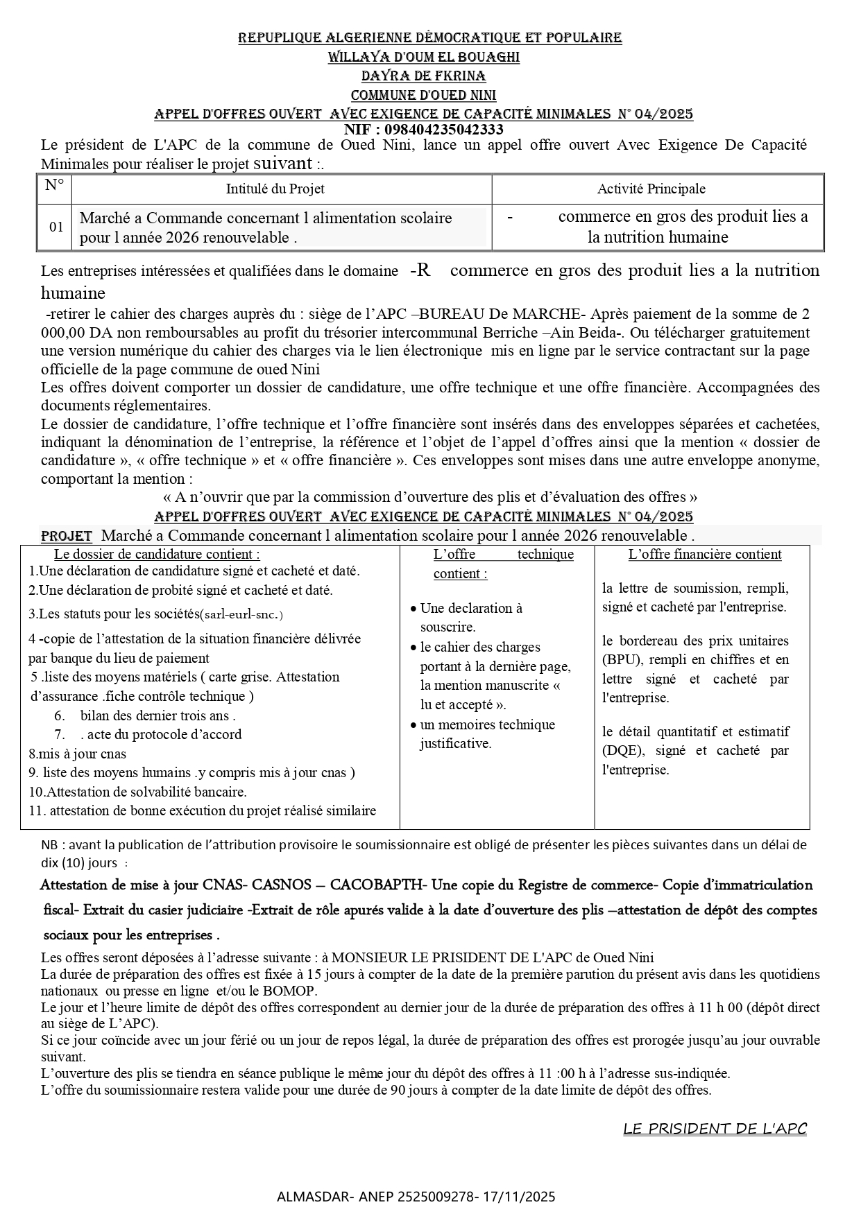 appel D'oFFres ouVert  aVec exigence De capacité minimales  n° 04/2025 