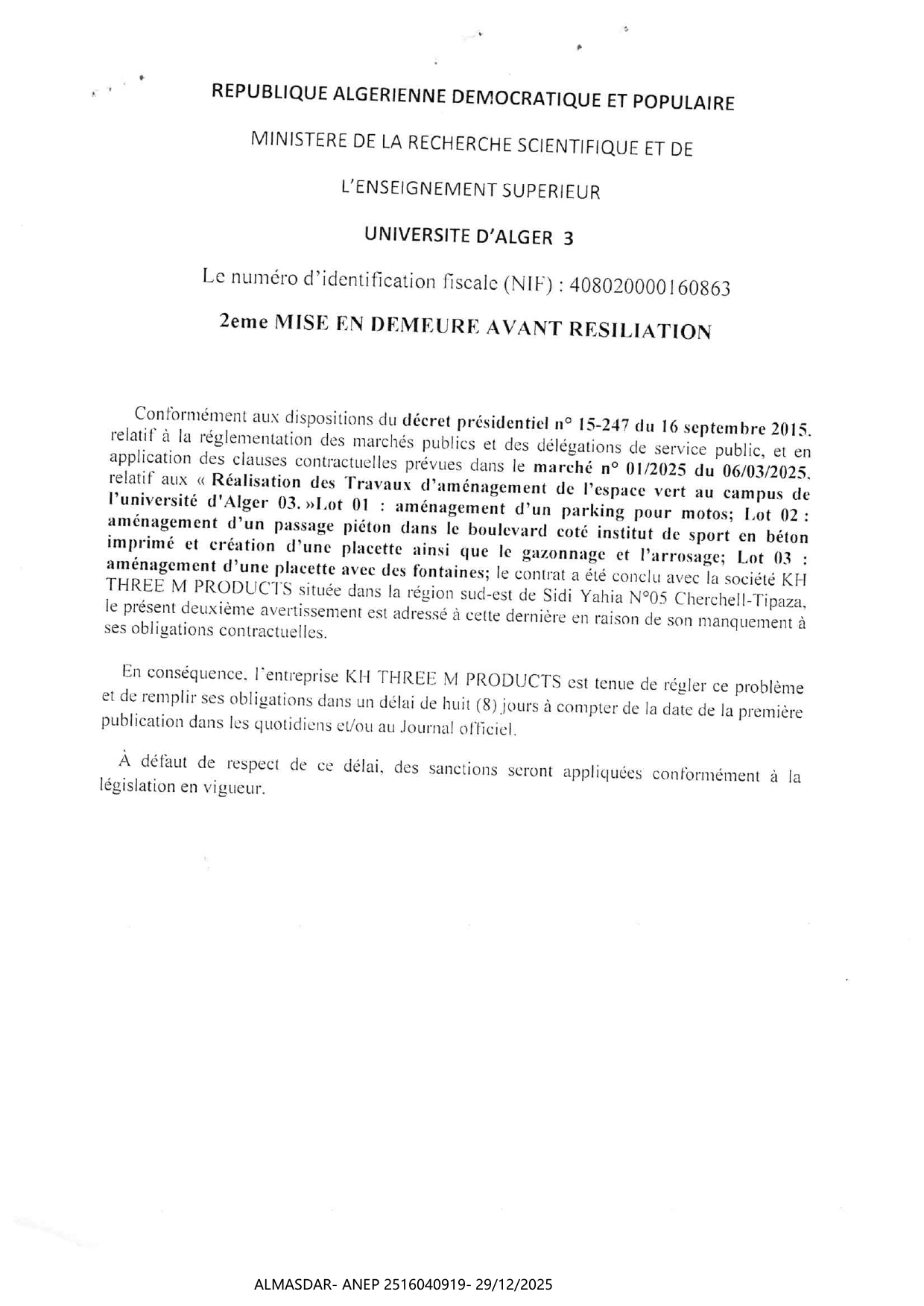 2EME MISE EN DEMEURE AVANT REALISATION