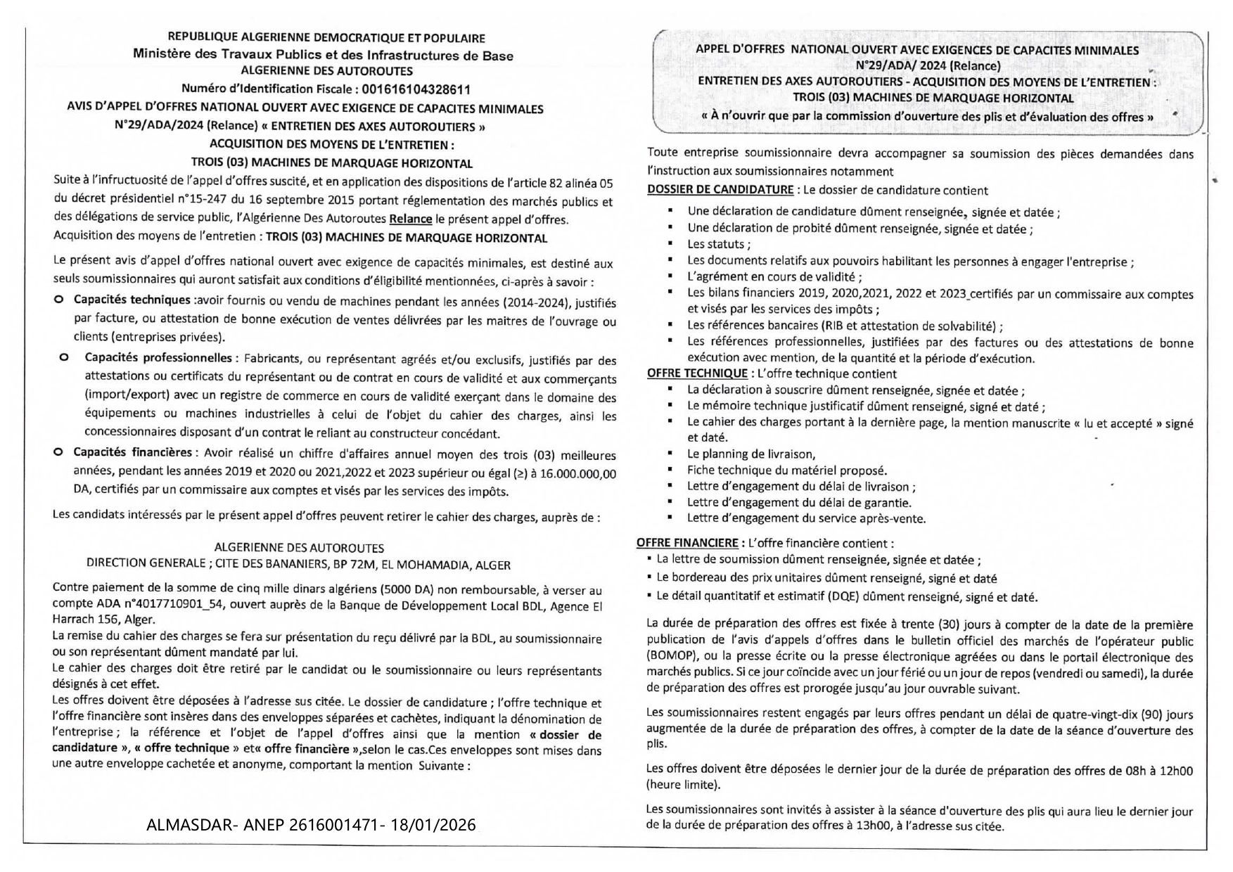 AVIS  D'APPEL D'OFFRES  NATIONAL OUVERT AVEC EXIGENCE  DE CAPACITES MI NIMALES N°29/ADA/2024 (Relance) « ENTRETIEN DES AXES AUTOROUTIERS
