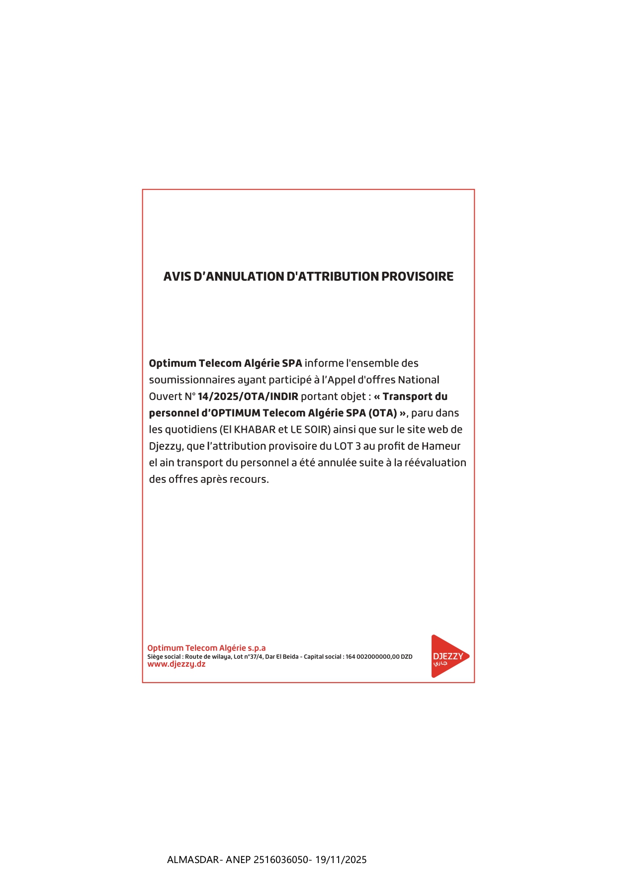 AVIS D'ANNULATION D'ATTRIBUTION PROVISOIRE