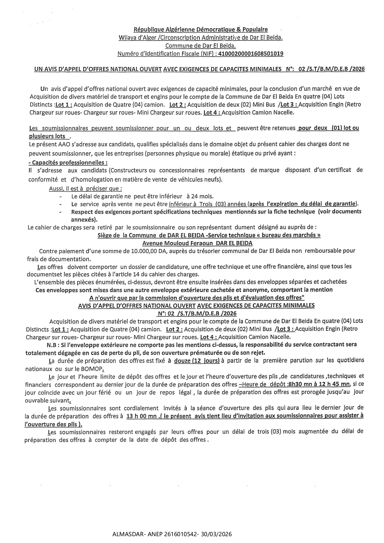 UN AVIS D'APPEL D'OFFRES NATIONAL OUVERT AVEC EXIGENCE DE CAPACITES MINIMALES N 02/2026*/