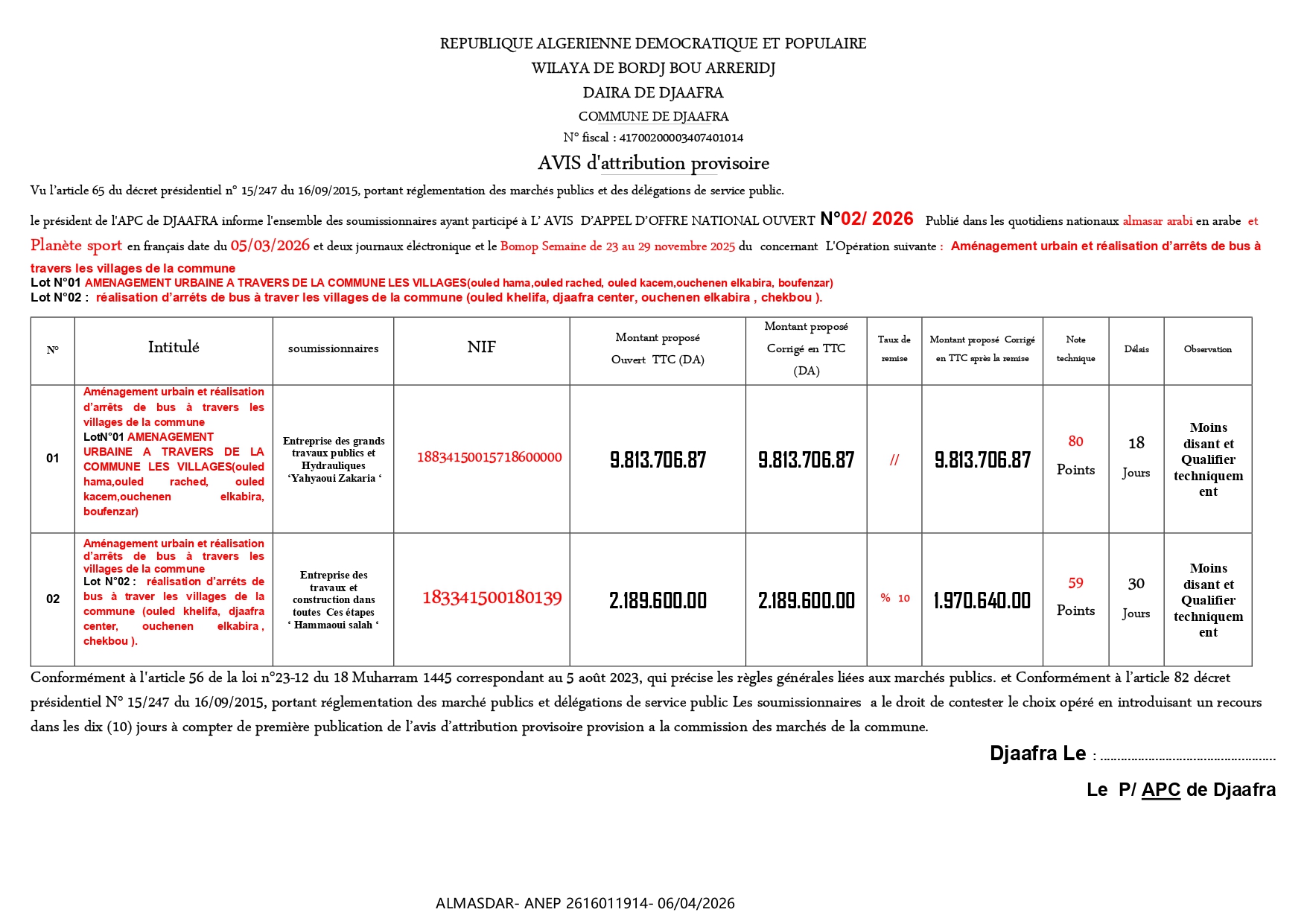 */*/AVIS D'ATTRIBUTION PROVISOIRE*/*/