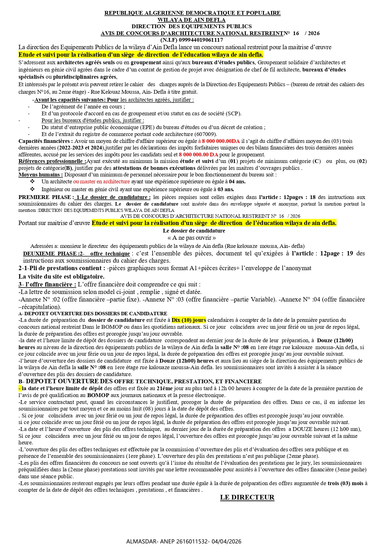 AVIS DE CONCOURS D’ARCHITECTURE NATIONAL RESTREINTN°  16    / 2026 