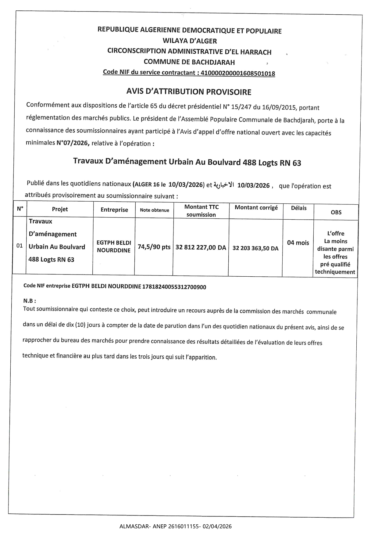 AVIS D'ATTRIBUTION PROVISOIRE */*