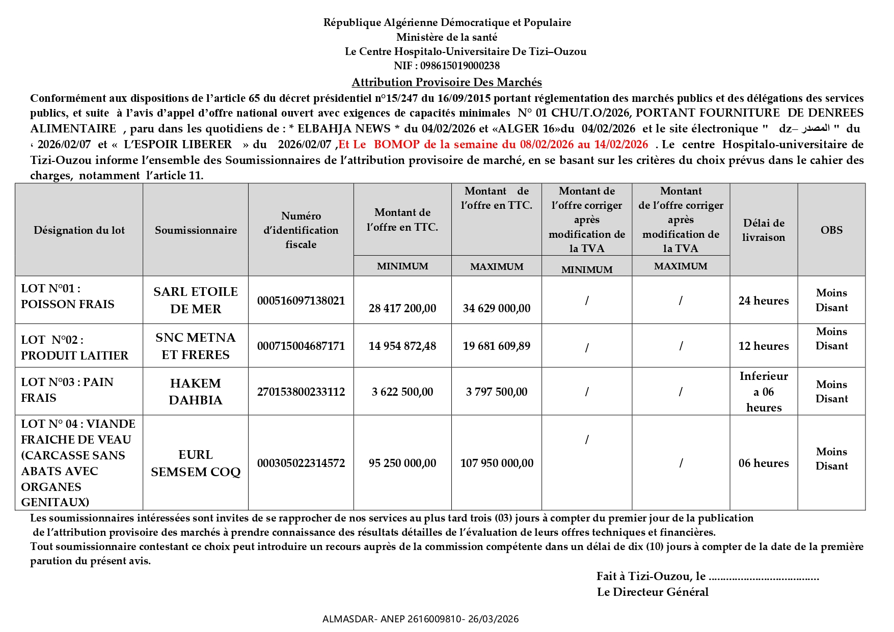 Attribution Provisoire Des Marchés/*/