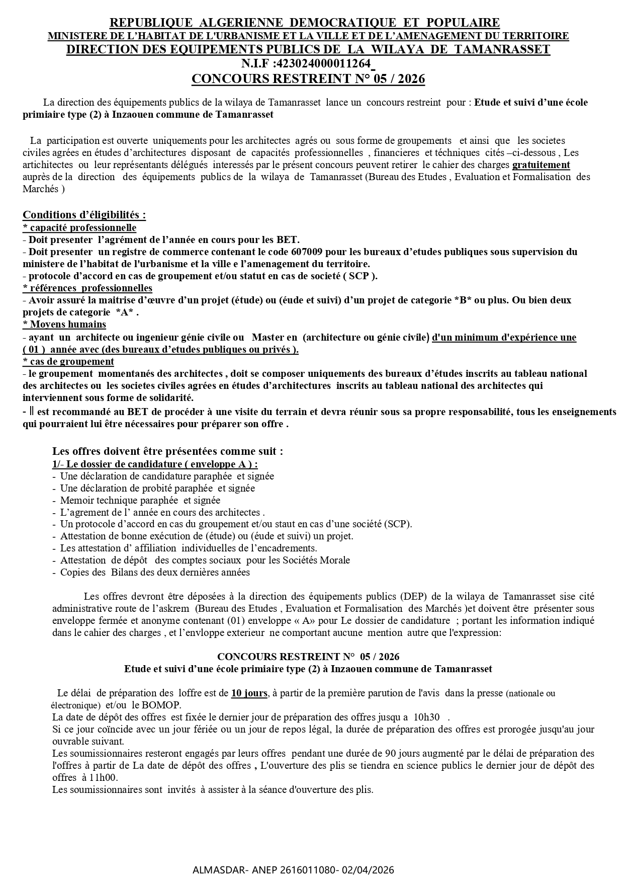 CONCOURS RESTREINT N° 05 / 2026