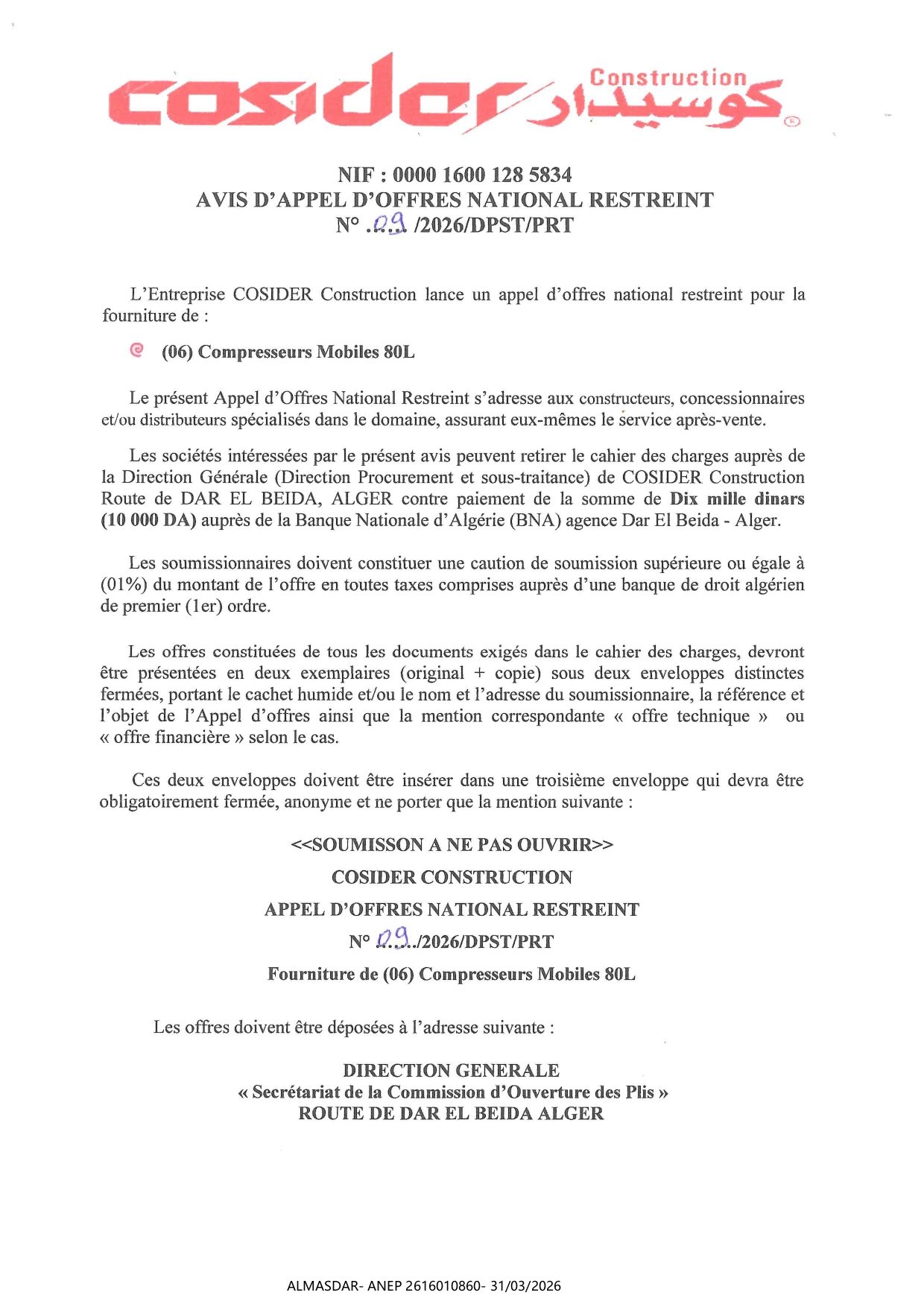 AVIS D'APPEL D'OFFRES NATIONAL RESTREINT N 09/2026
