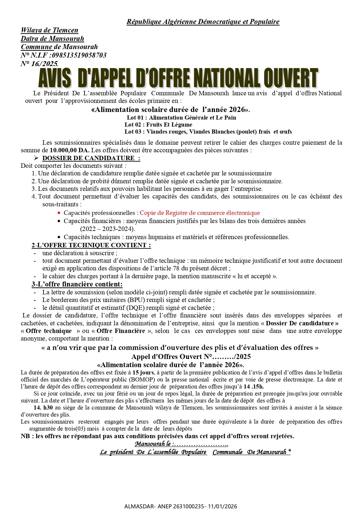 AVIS DAPPEL DOFFRE NATIONAM OUVERT