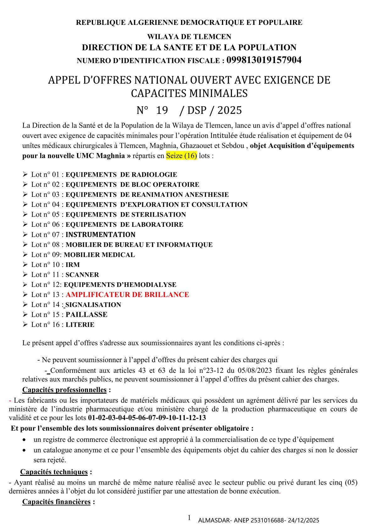 APPEL D’OFFRES NATIONAL OUVERT AVEC EXIGENCE DE  CAPACITES MINIMALES    N°   19    / DSP / 2025