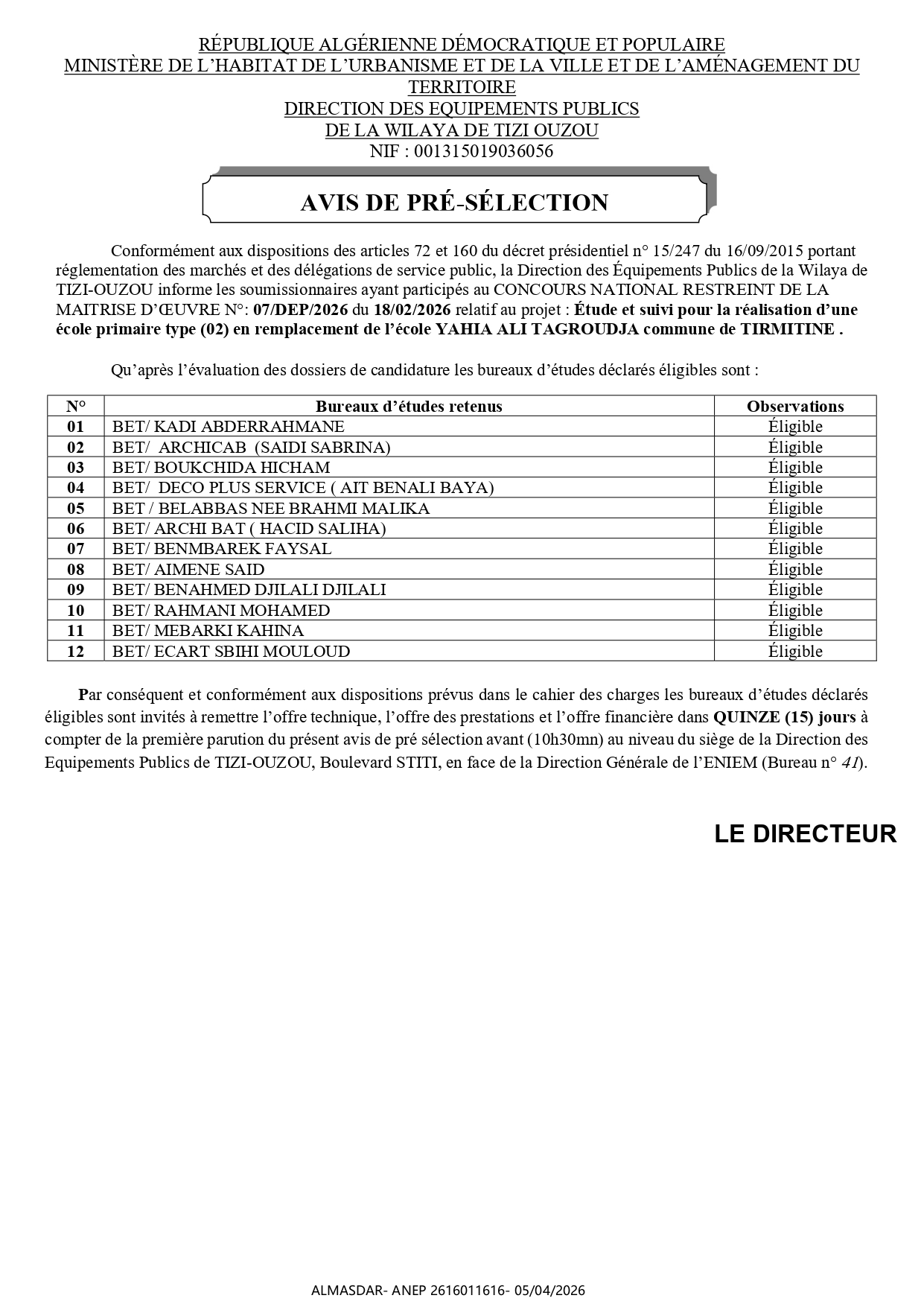 AVIS DE PRÉ-SÉLECTION  