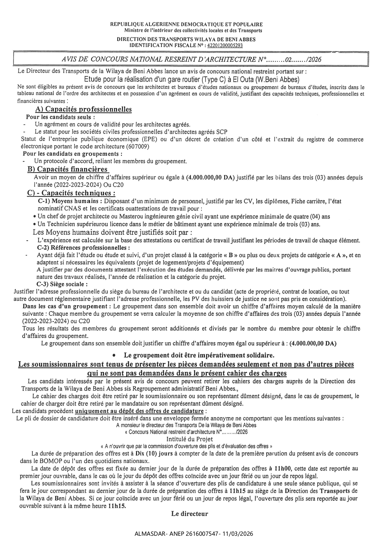 avis de concours national restreint d'architecture n 02/2026