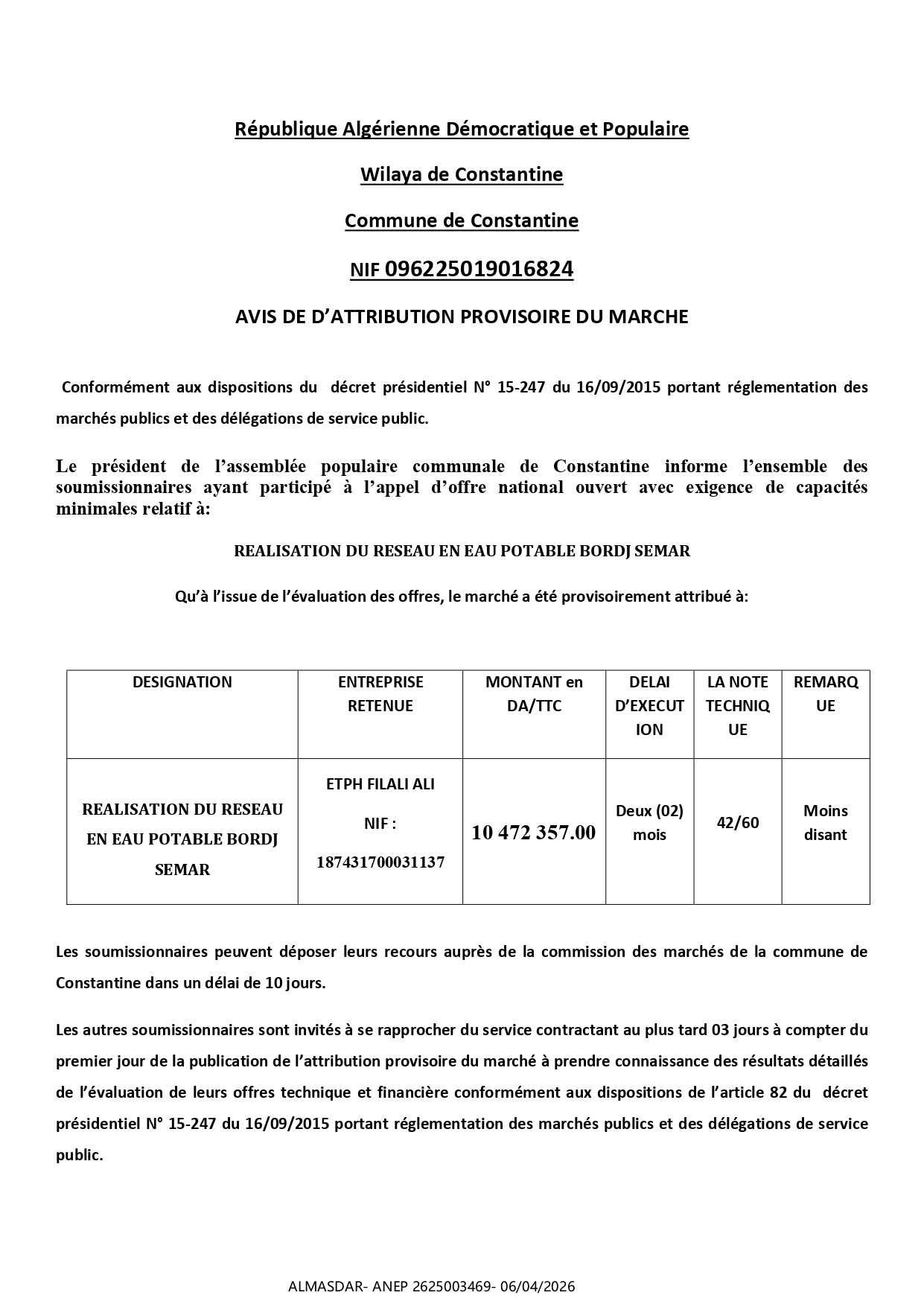 AVIS DE D’ATTRIBUTION PROVISOIRE DU MARCHE