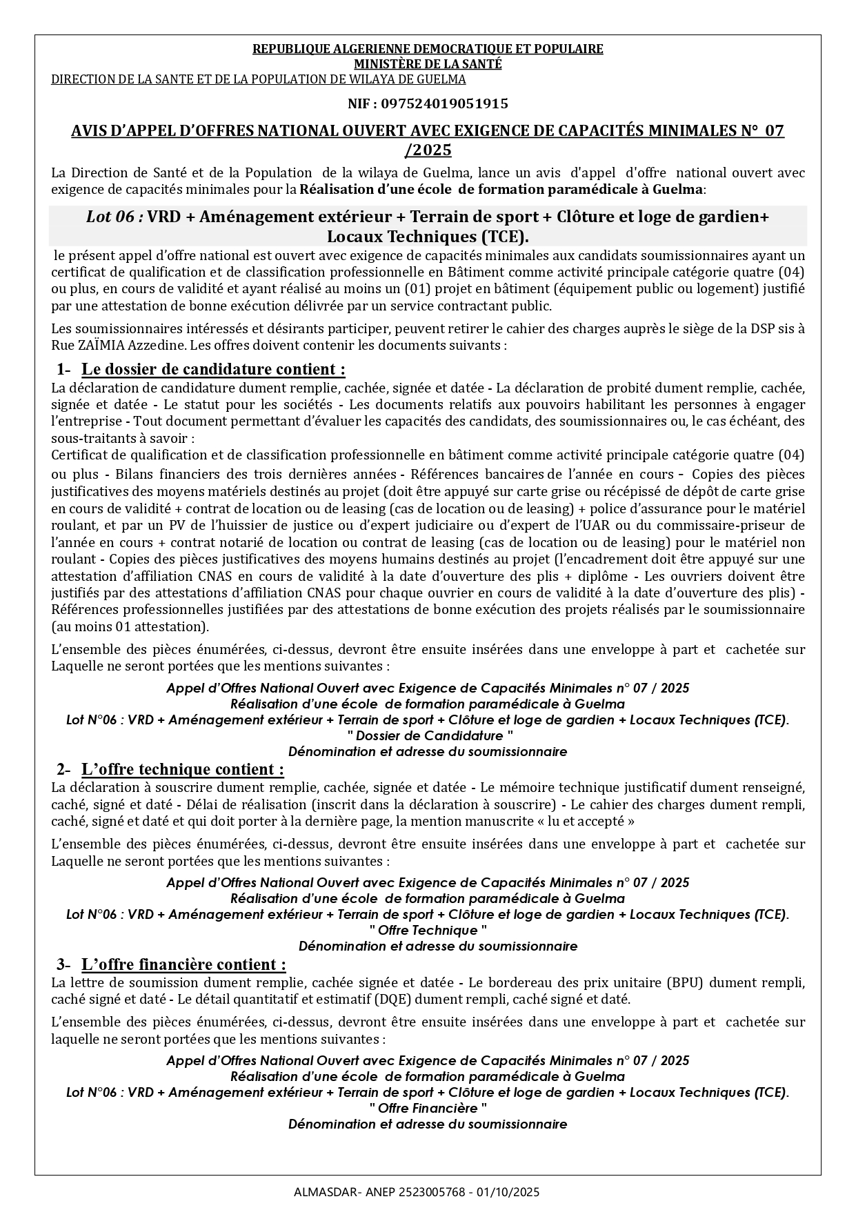 AVIS D'APPEL D'OFFRES NATIONAL OUVERT AVEC EXIGENCE DE CAPACITES MINIMALES N* 07/2025