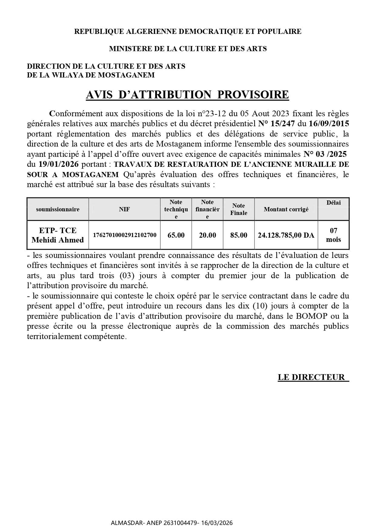 */*/AVIS  D’ATTRIBUTION  PROVISOIRE  