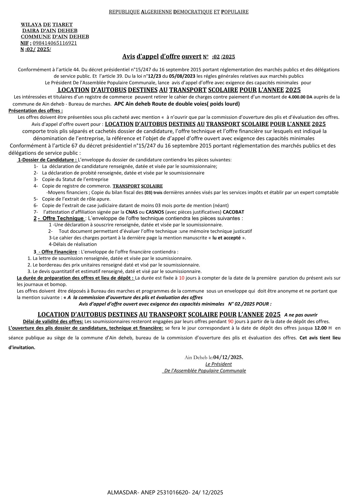 Avis d’appel d’offre ouvert N°   :02 /2025 