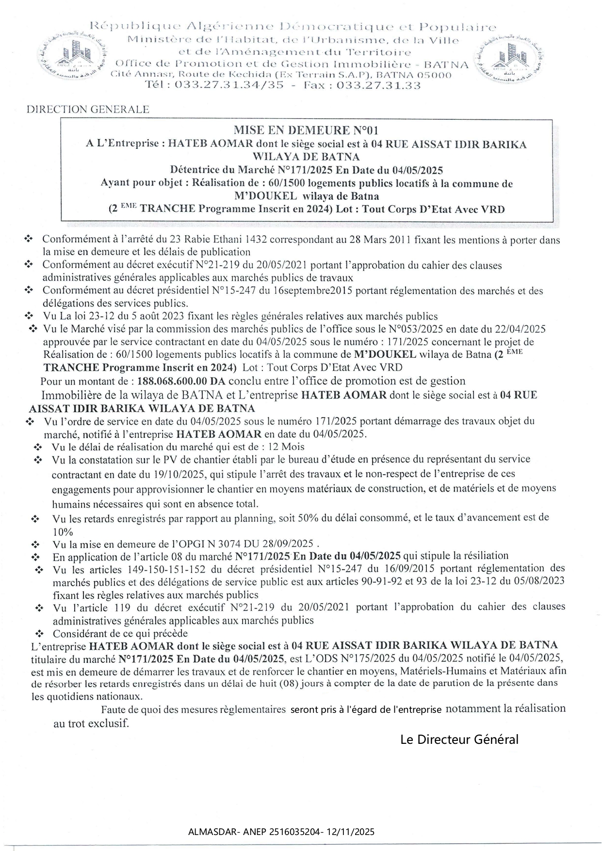 ...MISE EN DEMEURE N°01