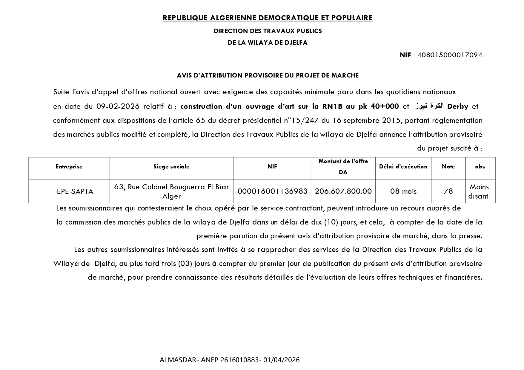 AVIS D’ATTRIBUTION PROVISOIRE DU PROJET DE MARCHE