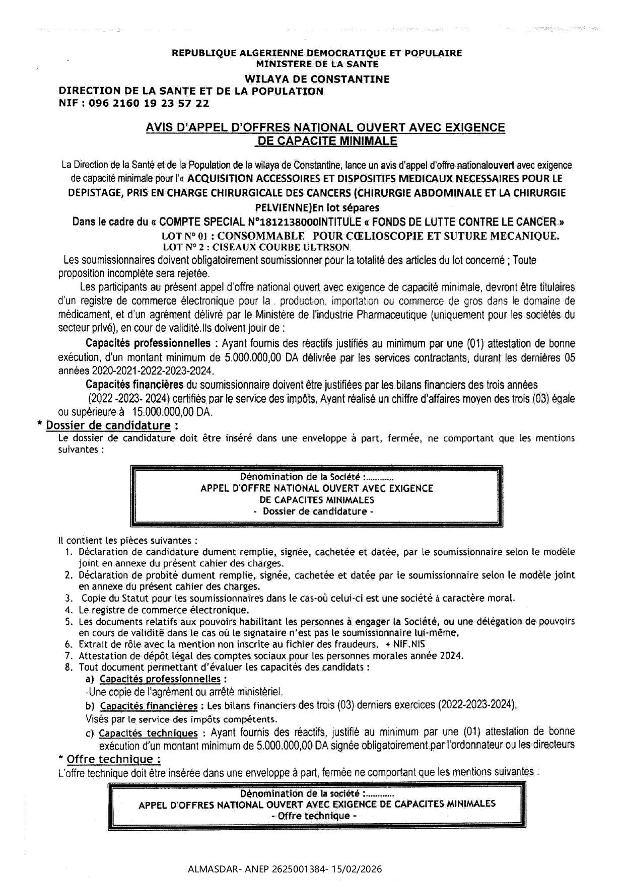AVIS D'APPEL D'OFFRES NATIONAL OUVERT AVEC EXIGENCE DE CAPACITE MINIMALE