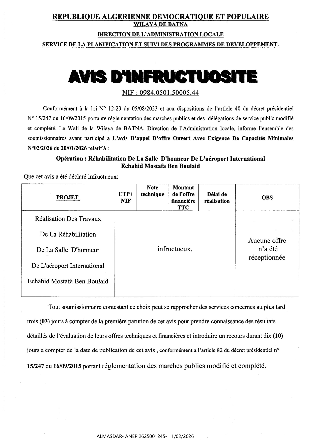 AVIS D'INFRUCTUOSITE*