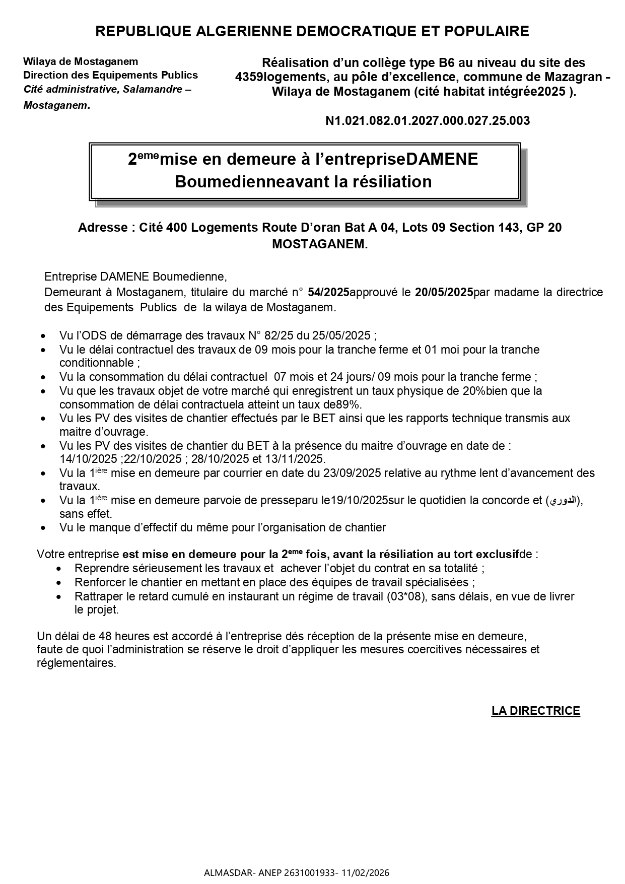 2eme mise en demeure à l’entreprise DAMENE  Boumedienne avant la résiliation 