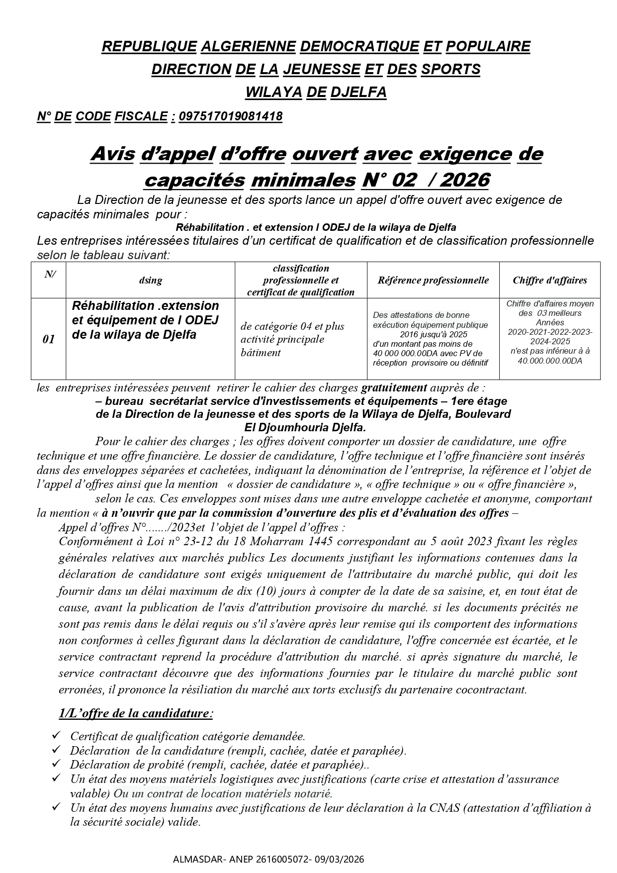 Avis d’appel d’offre ouvert avec exigence de  capacités minimales N° 02  / 2026