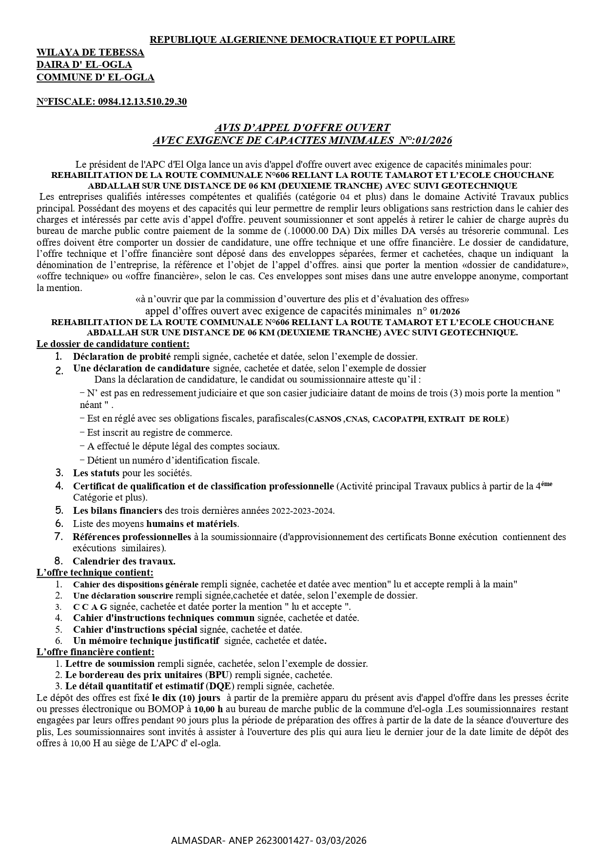 AVIS D’APPEL D'OFFRE OUVERT  AVEC EXIGENCE DE CAPACITES MINIMALES  N°:01/2026 