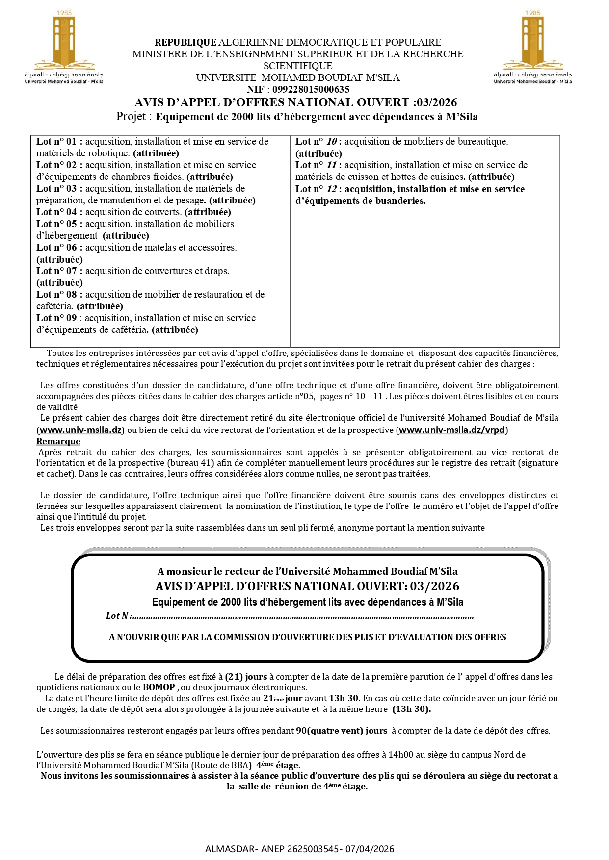 AVIS D’APPEL D’OFFRES NATIONAL OUVERT :03/ 6 202 