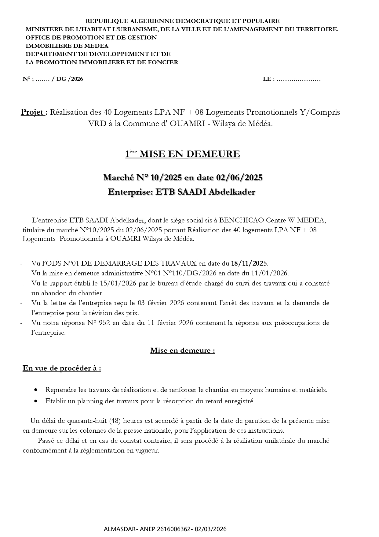 1ère MISE EN DEMEURE       Marché N° 10/2025 en date 02/06/2025  Enterprise: ETB SAADI Abdelkader  