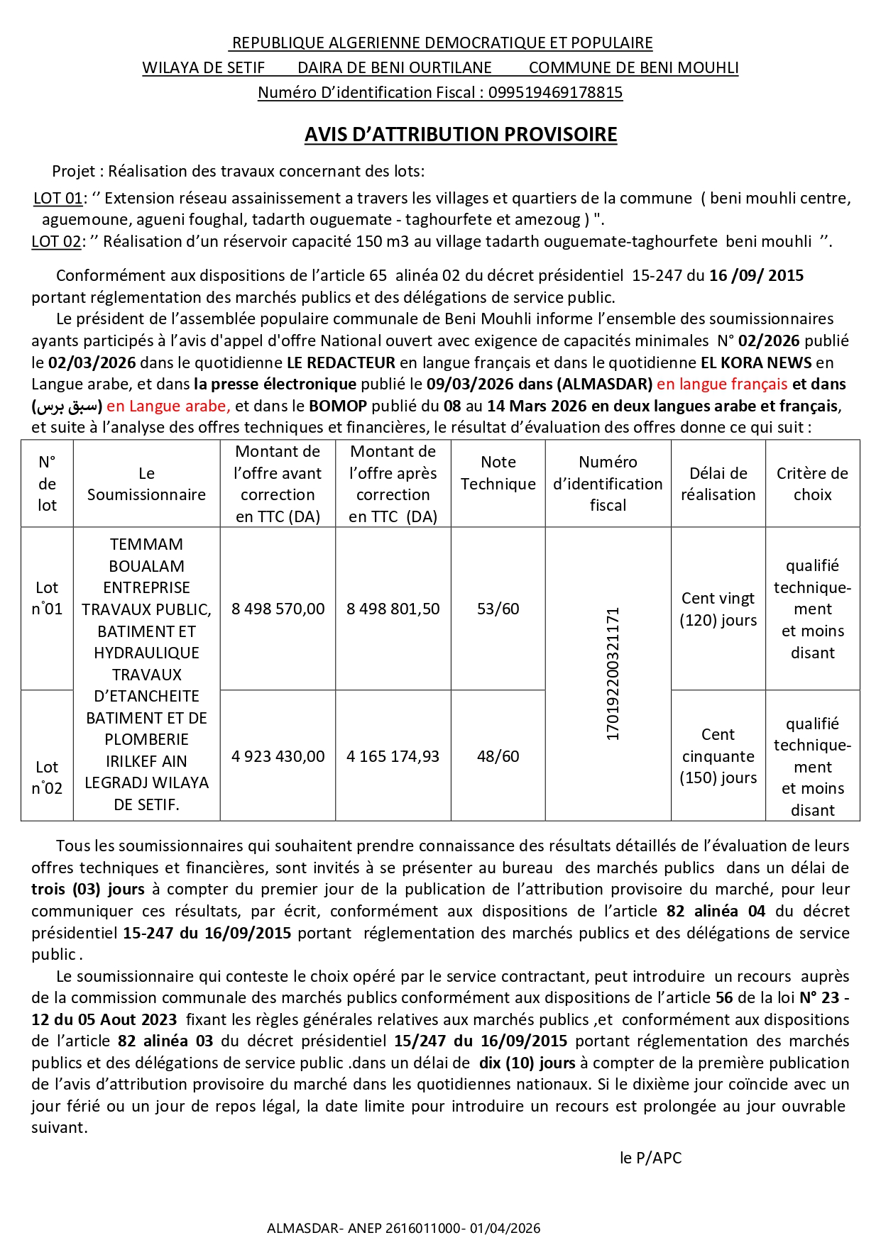 AVIS D’ATTRIBUTION PROVISOIRE*/*