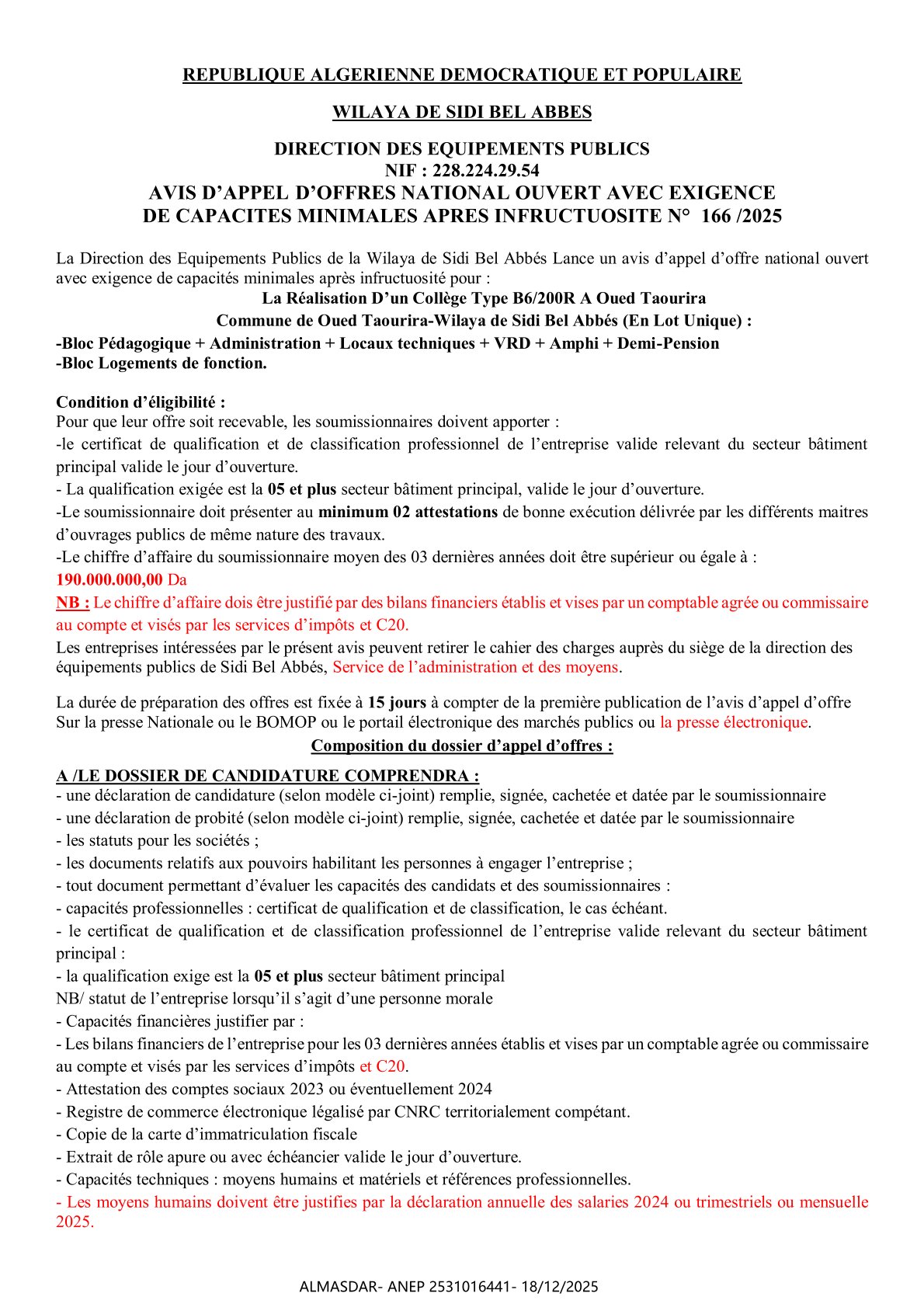 AVIS D’APPEL D’OFFRES NATIONAL OUVERT AVEC EXIGENCE   DE CAPACITES MINIMALES APRES INFRUCTUOSITE N°  166 /2025 