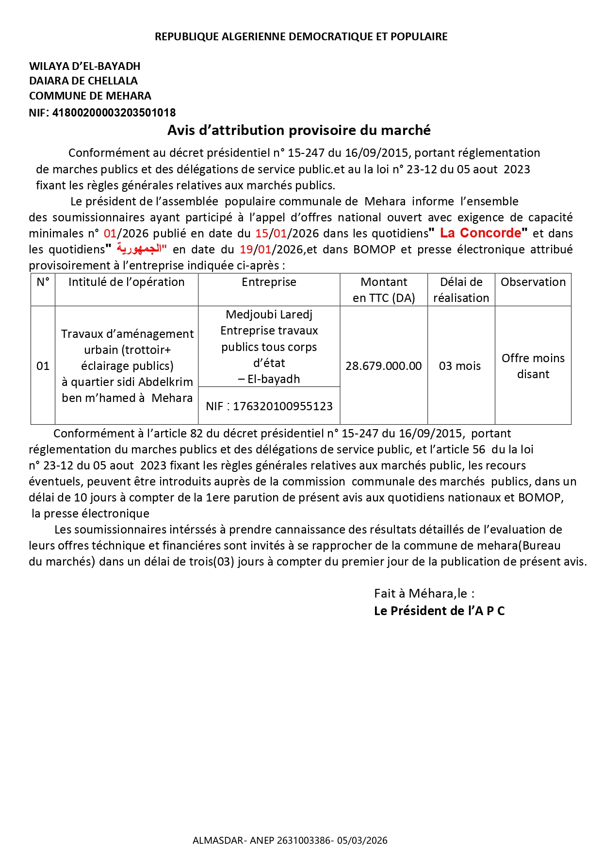 *-Avis d’attribution provisoire du marché