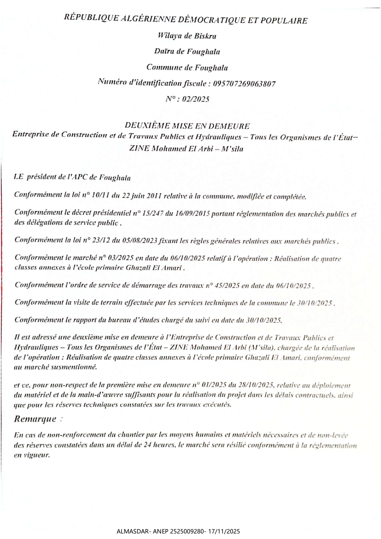 DEUXIEME MISE EN DEMEURE