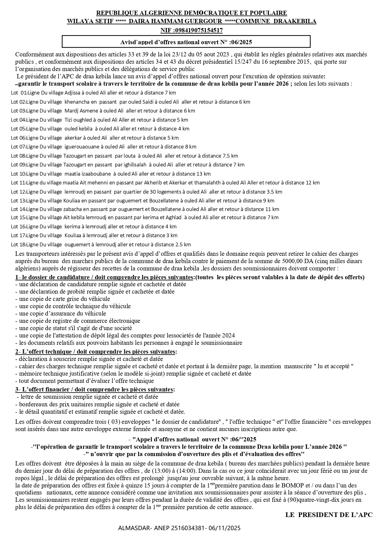 Avisd’appel d’offres national ouvert N° :06/2025 