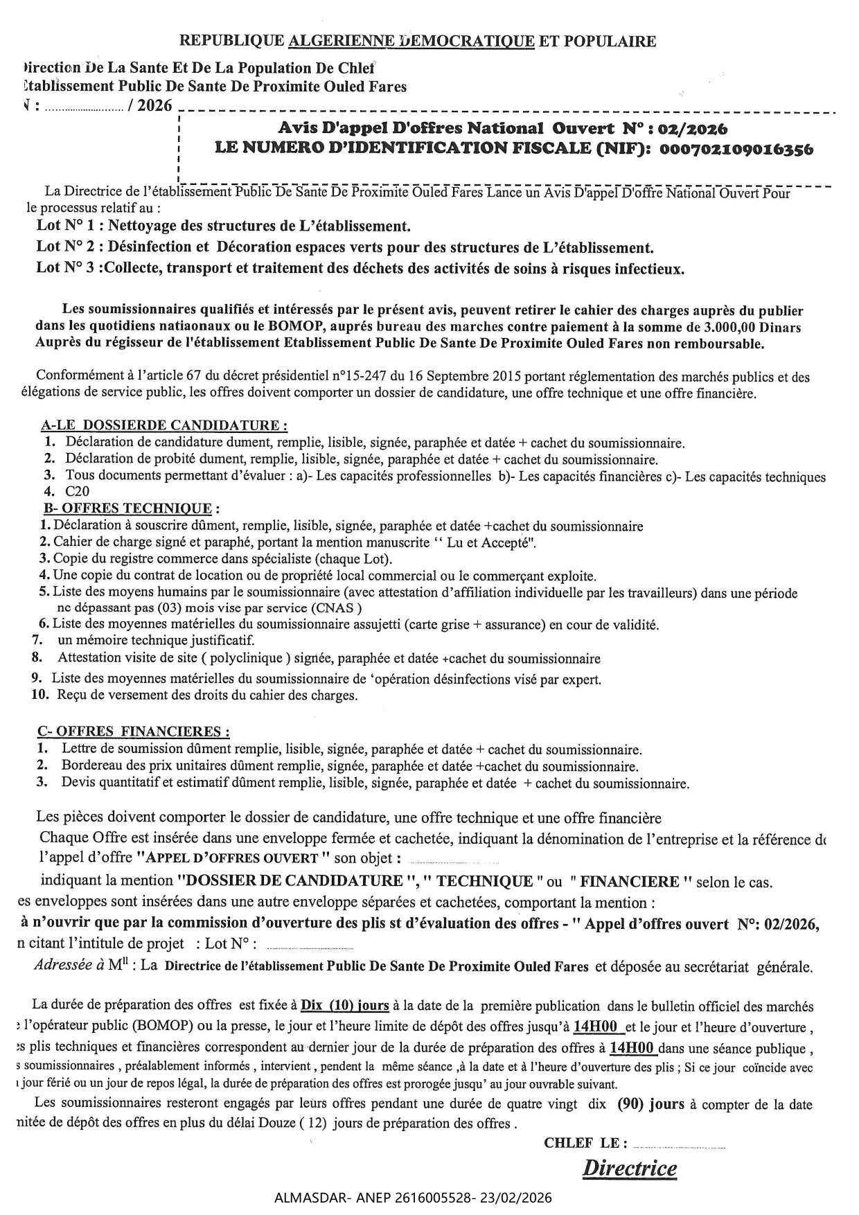 AVIS D'APPEL D'OFFRE NATIONAL OUVERT N 02/2026