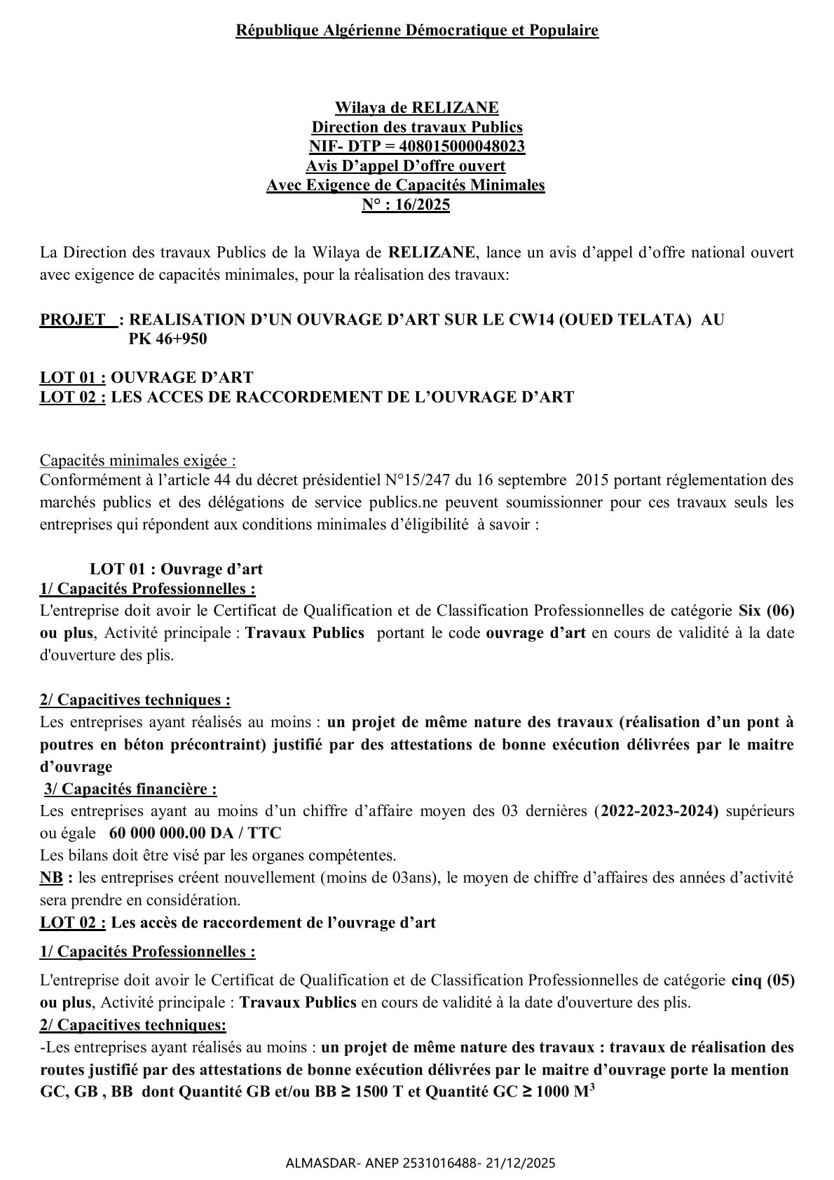Avis D’appel D’offre ouvert  Avec Exigence de Capacités Minimales  N° : 16/2025 
