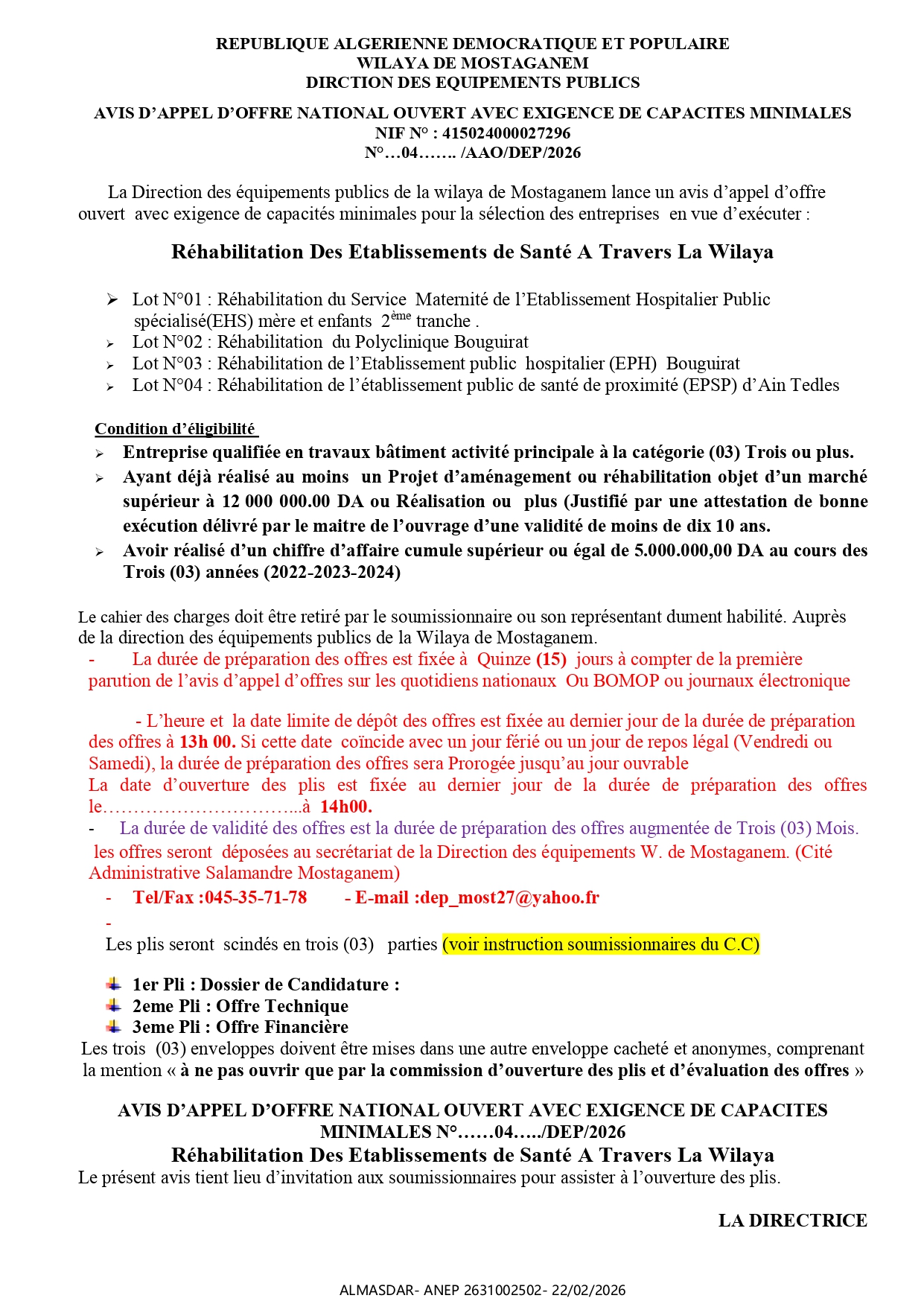 AVIS D’APPEL D’OFFRE NATIONAL OUVERT AVEC EXIGENCE DE CAPACITES MINIMALES *****