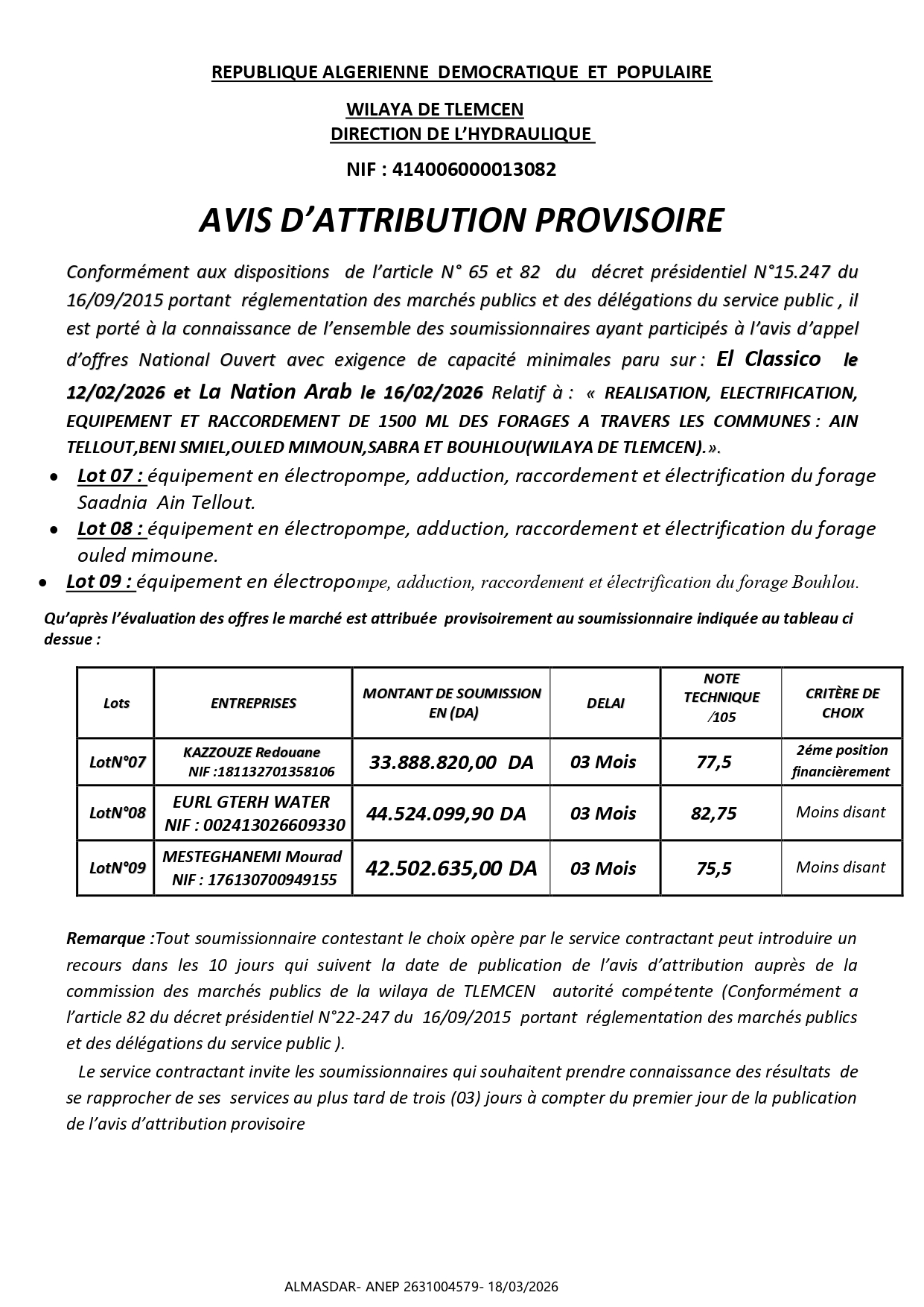 AVIS D’ATTRIBUTION PROVISOIRE  /*/*