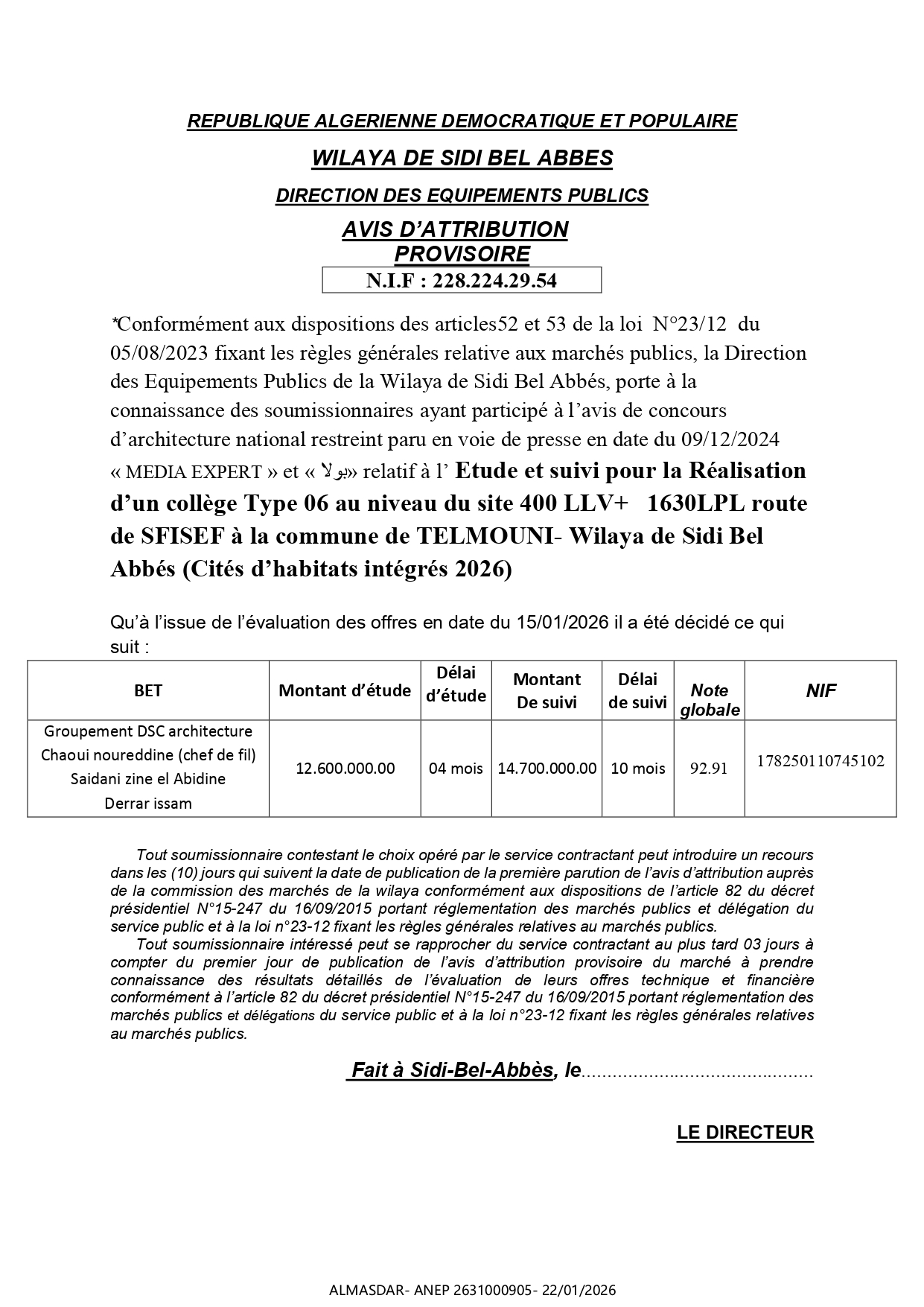 AVIS D’ATTRIBUTION  PROVISOIRE /*