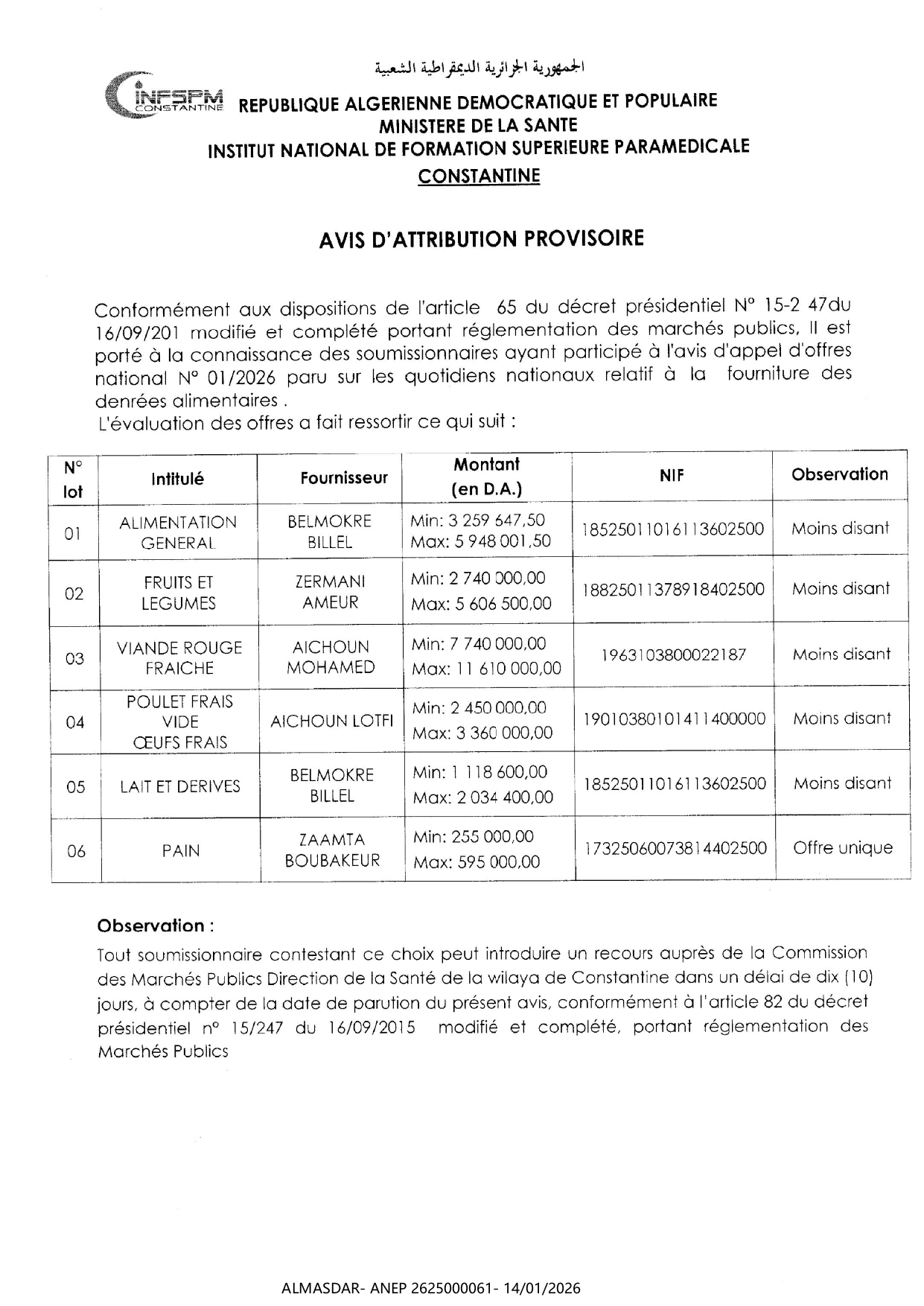 AVIS D'ATTRIBUTION PROVISOIRE */
