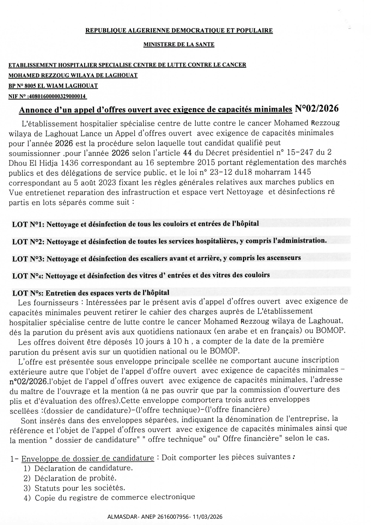Annonce d’un appel d'offres ouvert avec exigence de capacités minimales N°02/2026