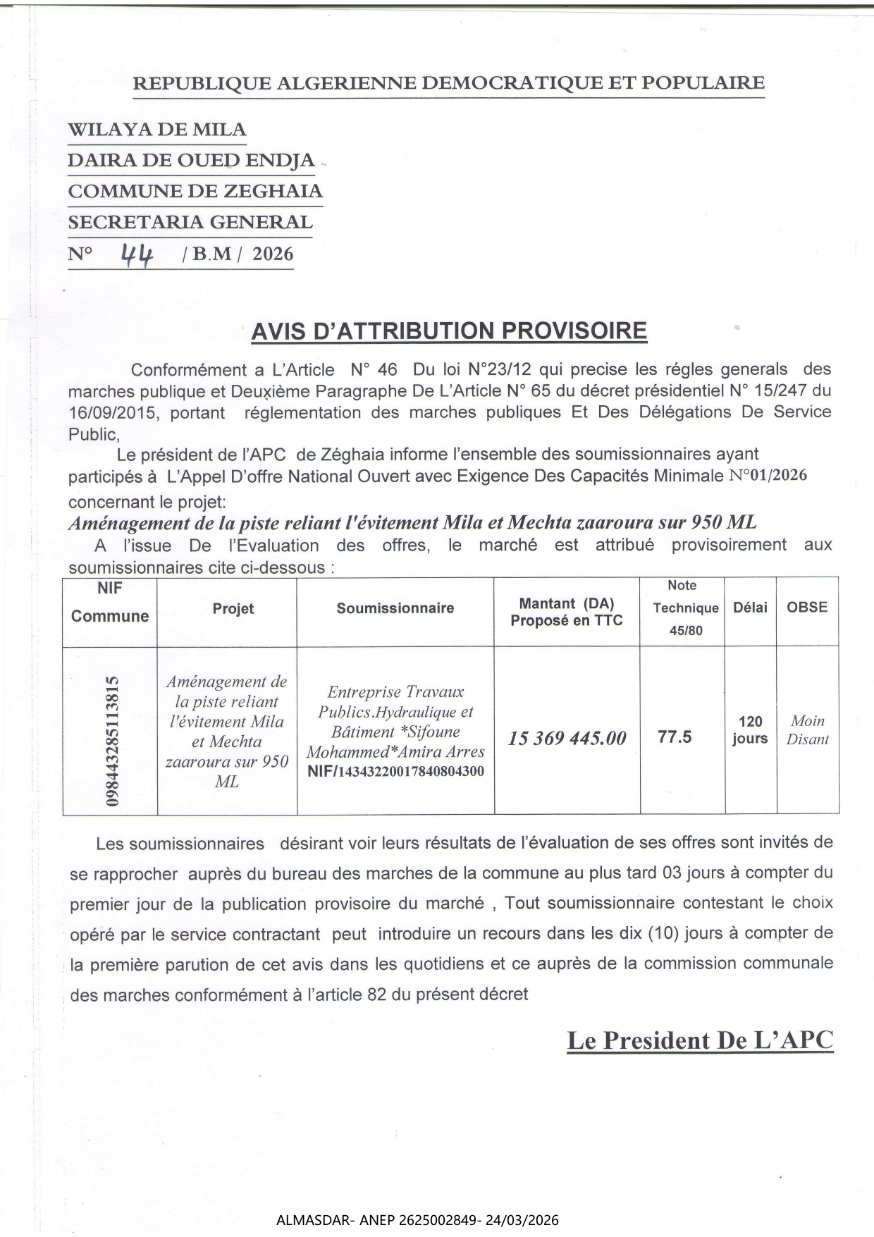 -AVIS D'ATTRIBUTION PROVISOIRE