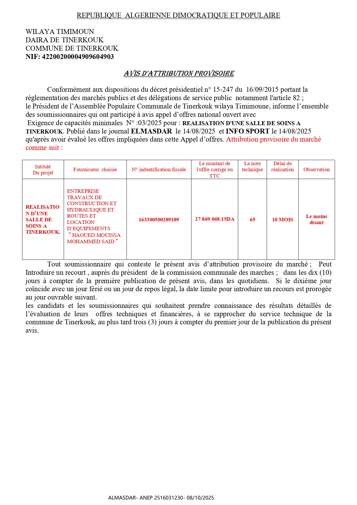 AVIS D'ATTRIBUTION PROVISOIRE..