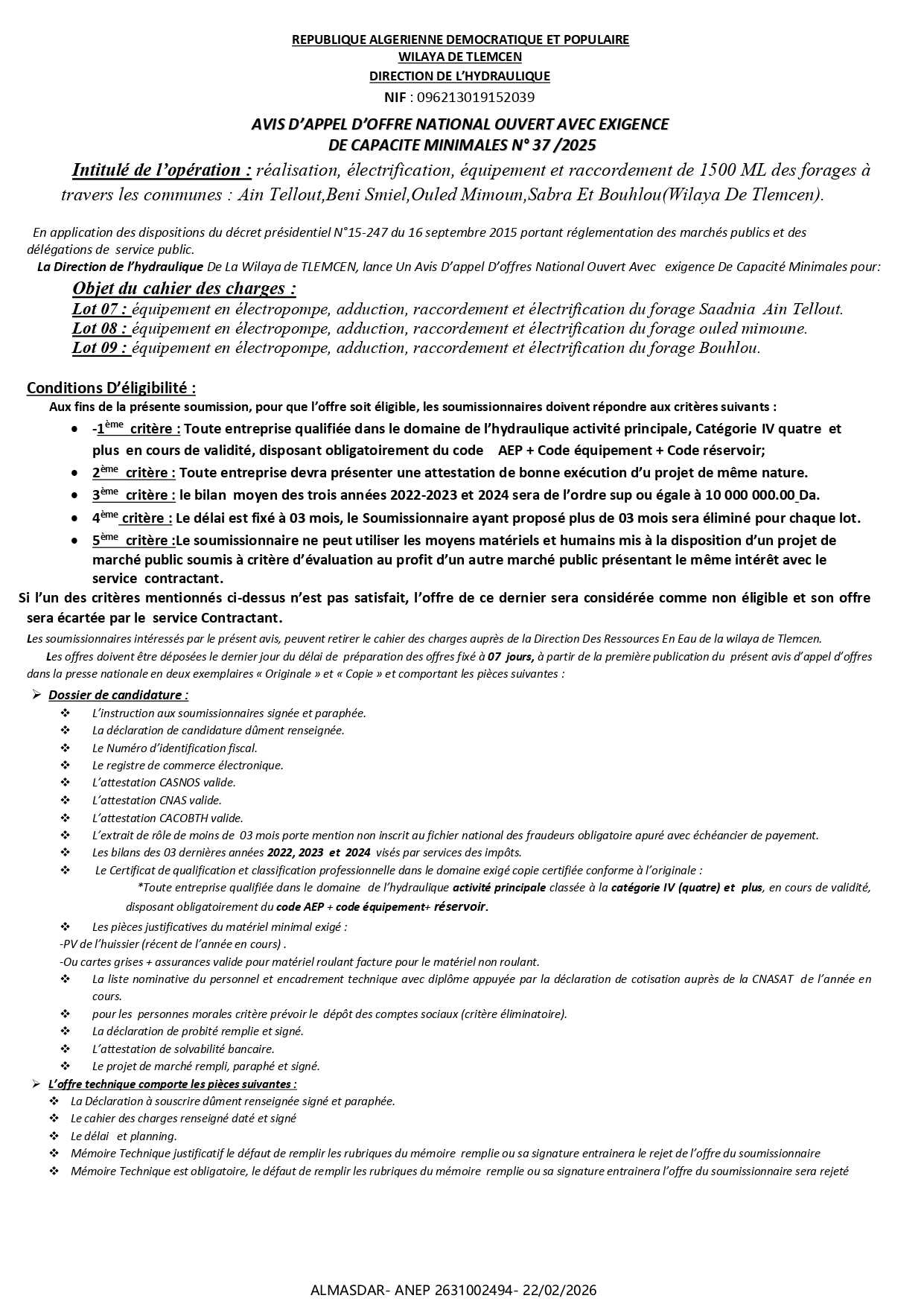 AVIS D’APPEL D’OFFRE NATIONAL OUVERT AVEC EXIGENCE  DE CAPACITE MINIMALES N° 37 /2025 