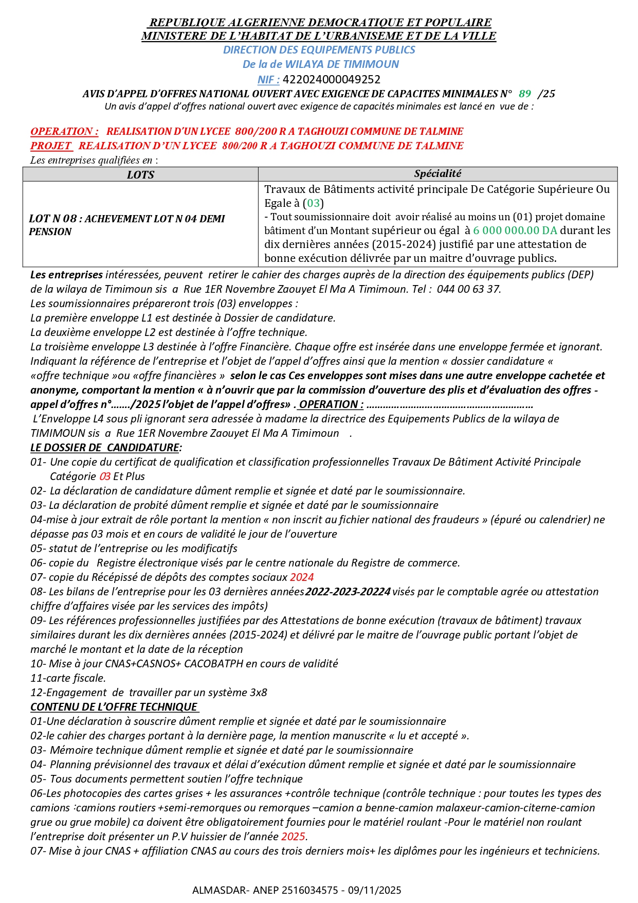 AVIS D’APPEL D’OFFRES NATIONAL OUVERT AVEC EXIGENCE DE CAPACITES MINIMALES N°   89   /25 